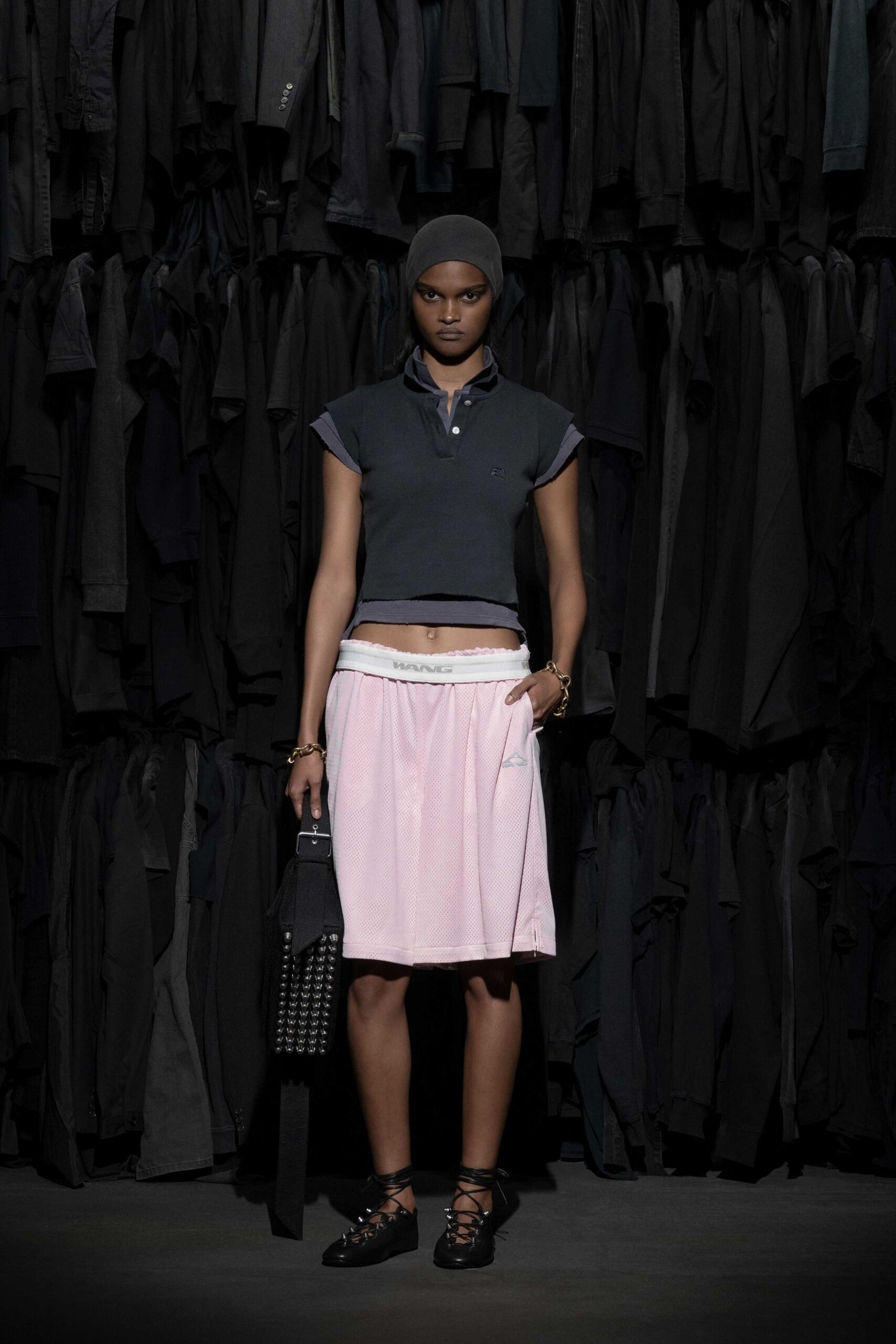 pink cotton relaxed pleated short skirt