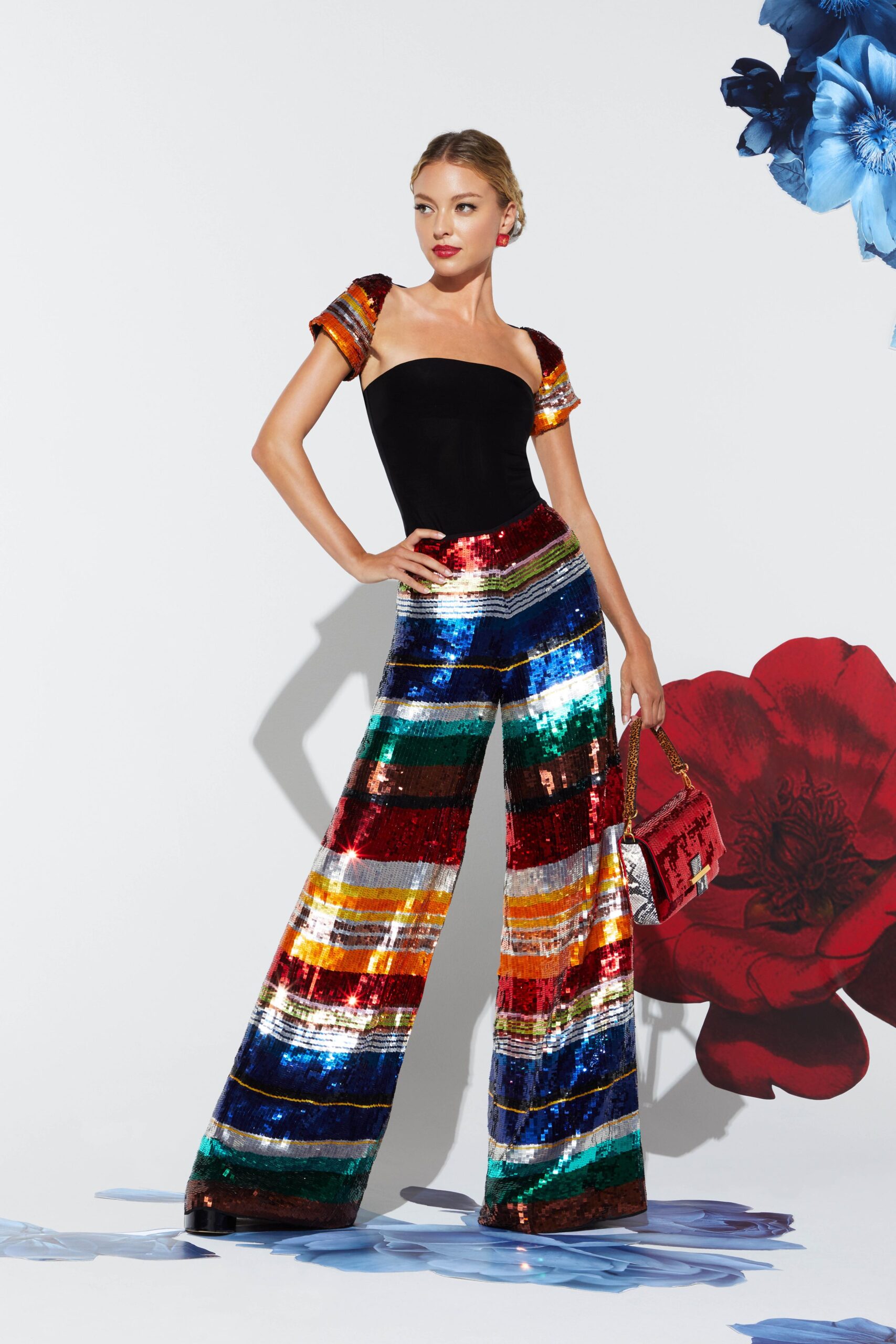 black embellished top with multi sequin pants