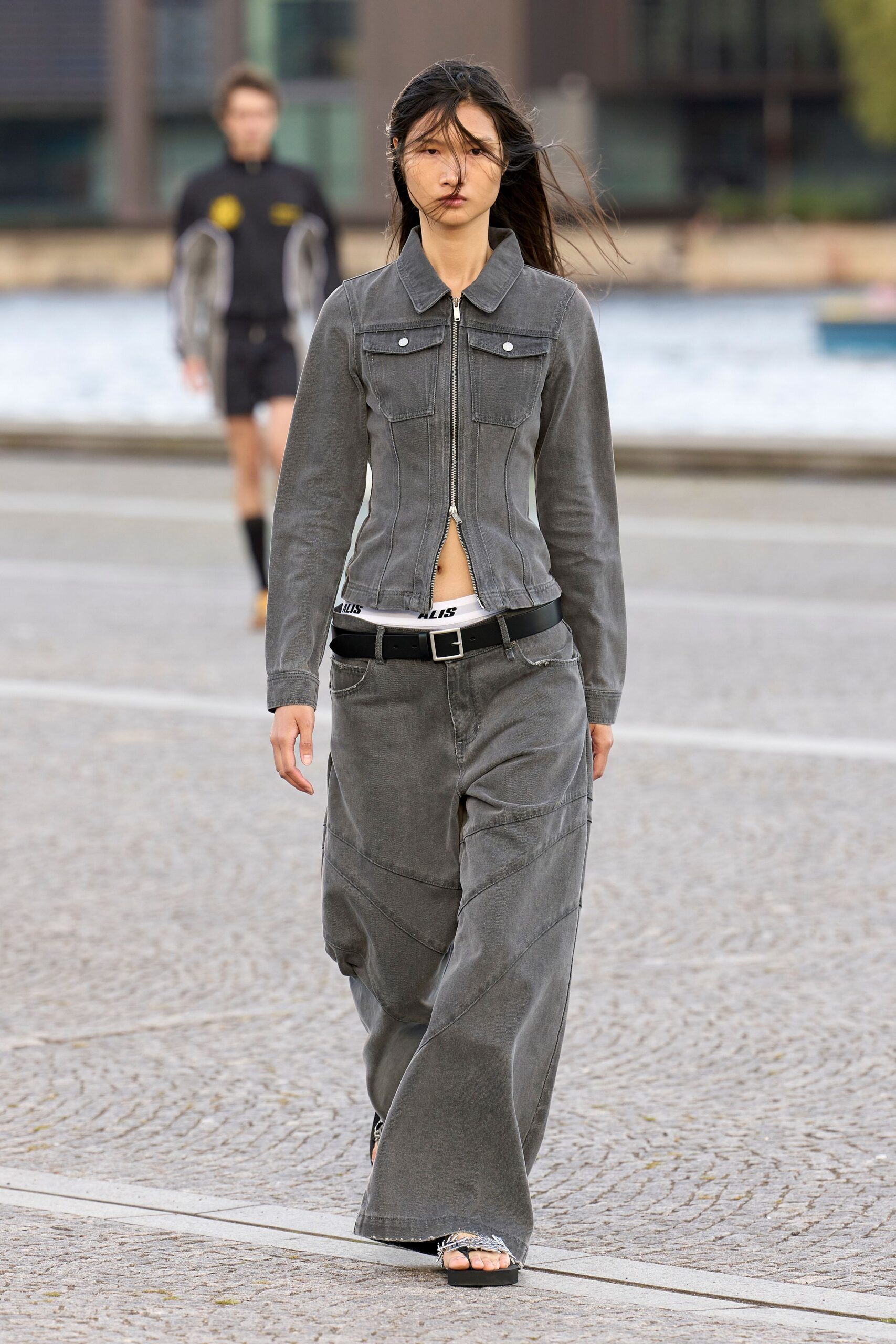 gray denim relaxed wide-leg textured maxi pants