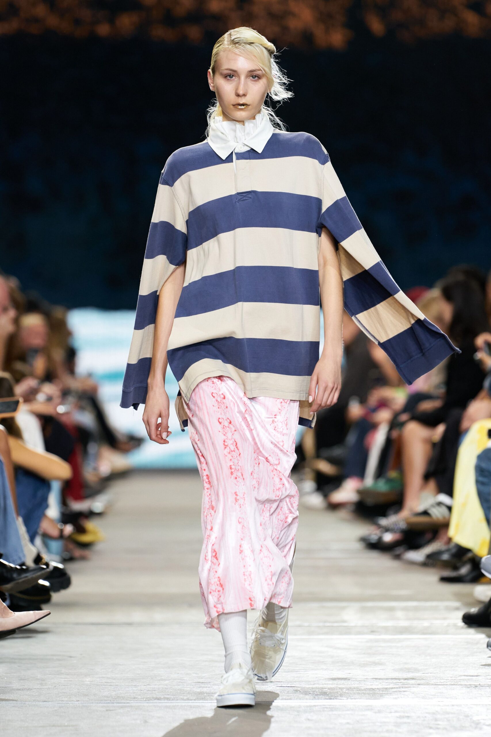 beige and blue striped top with pink pleated skirt