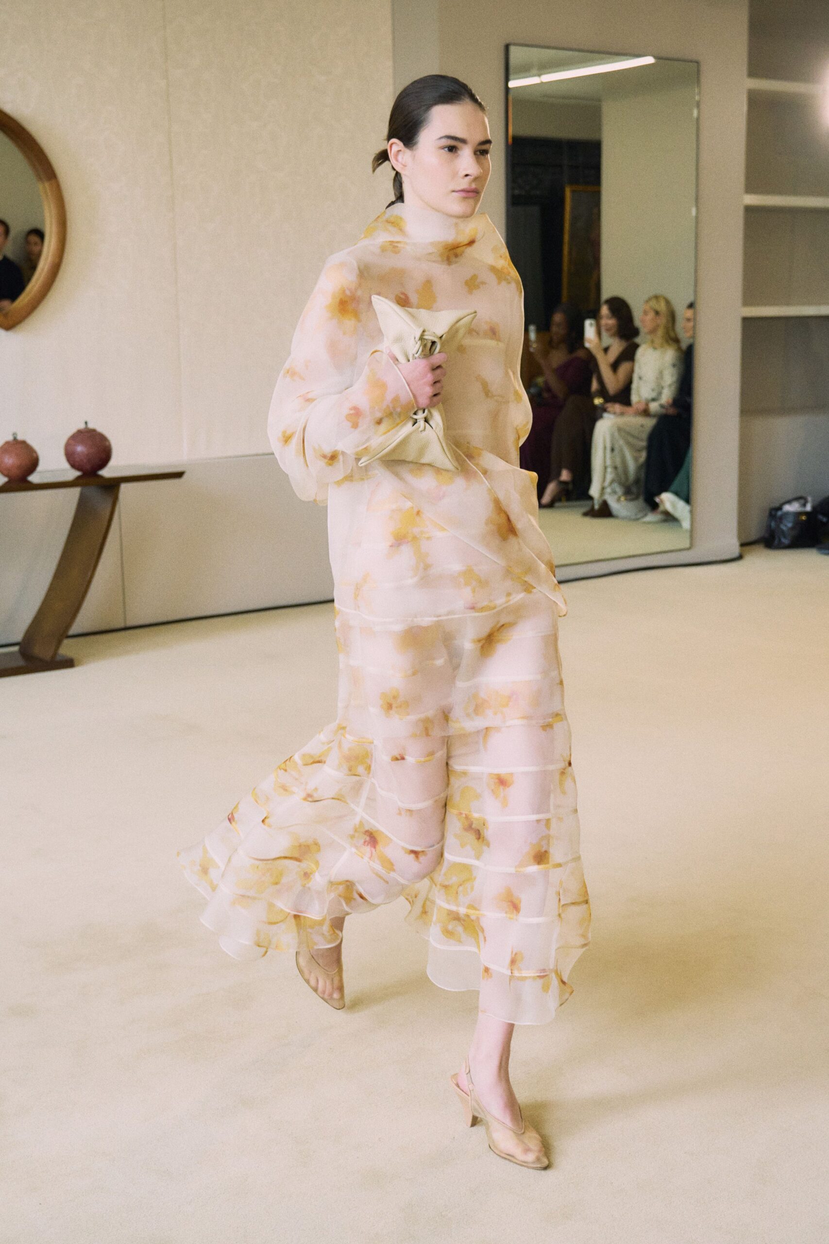 yellow chiffon long-sleeve high-neck relaxed floral flared dress