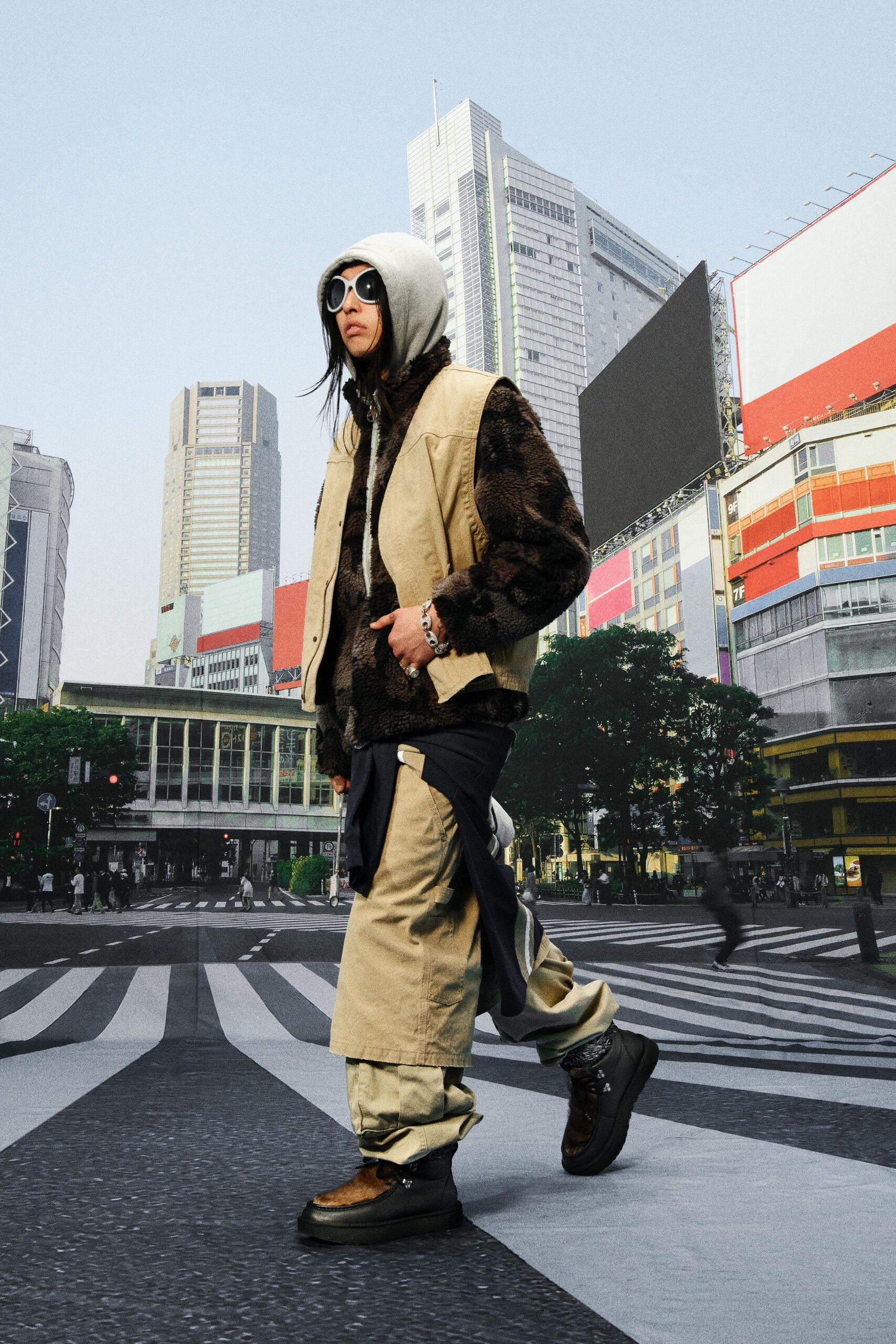 gray hoodie beige vest cargo pants