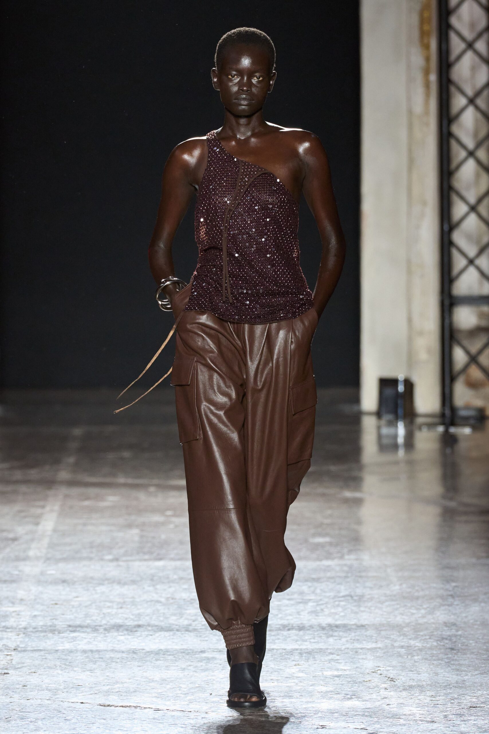 purple silk sleeveless asymmetric fitted sequined shiny top