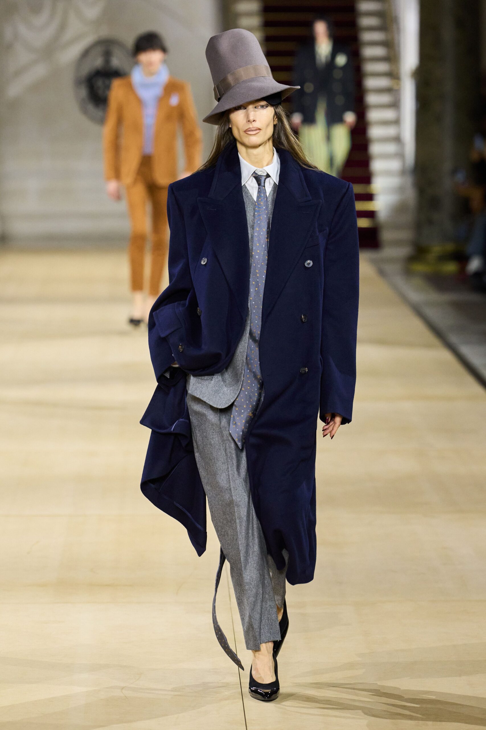 navy oversized coat with gray pants