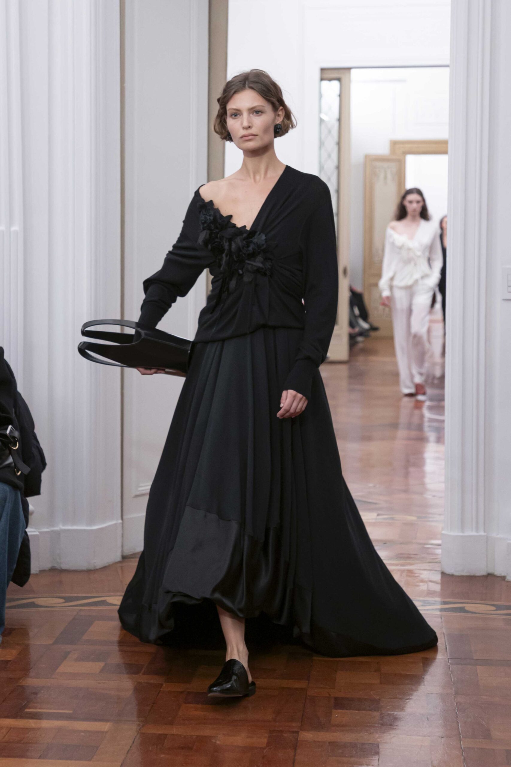 black silk off-shoulder dress