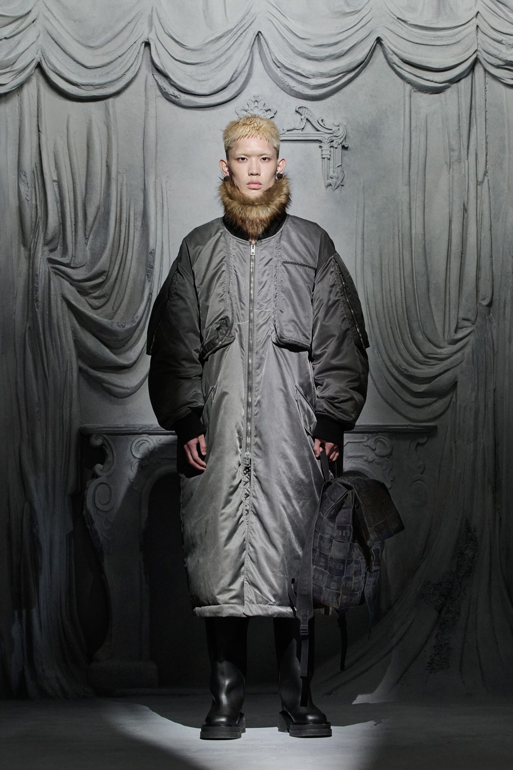 gray silk long-sleeve collared relaxed padded maxi coat