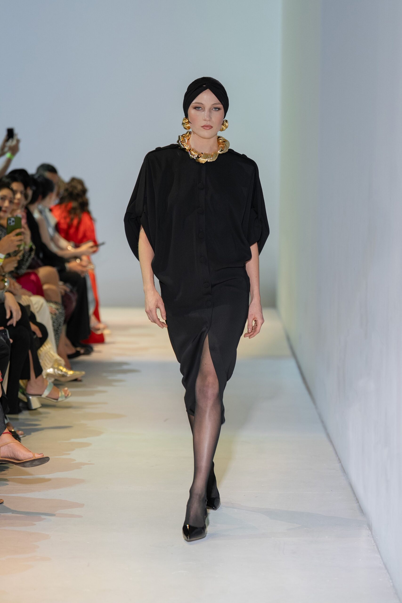 black cotton short-sleeve v-neck relaxed buttoned midi dress