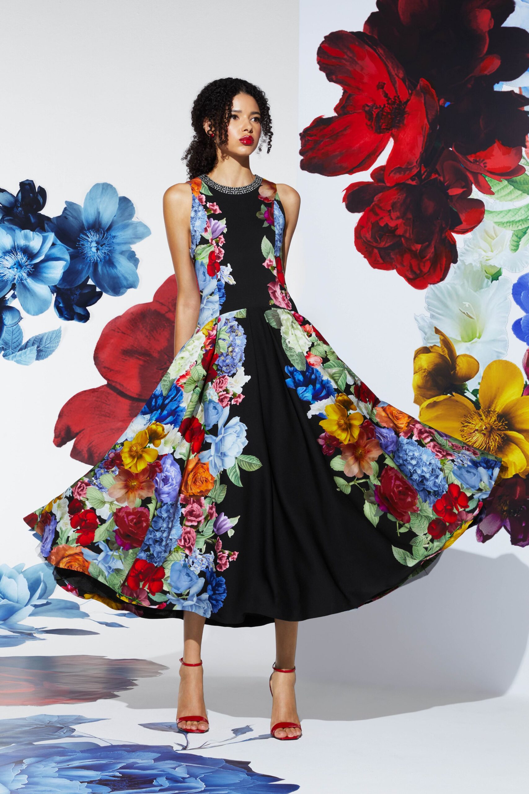 black floral midi dress with red shoes