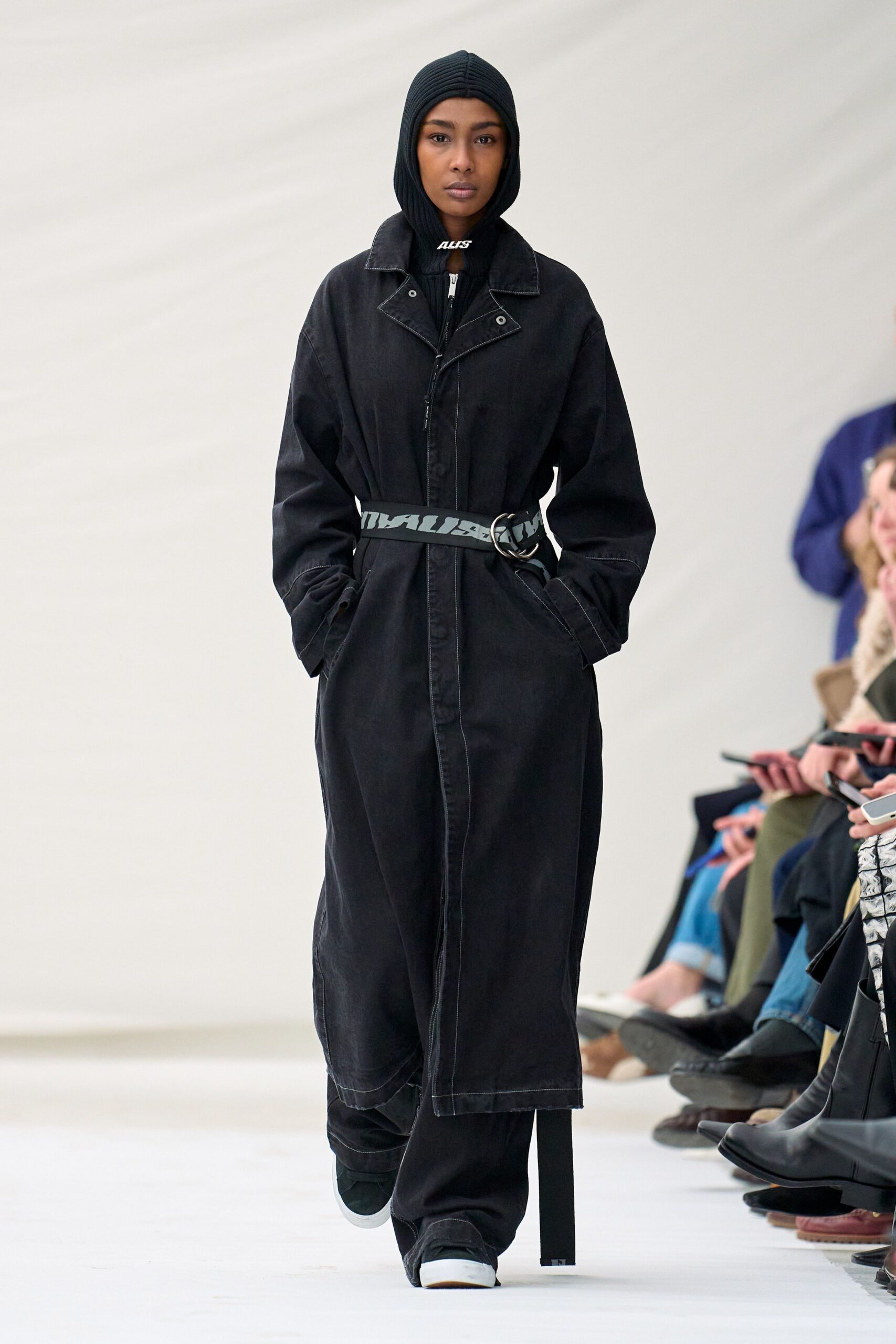 black denim coat with belt
