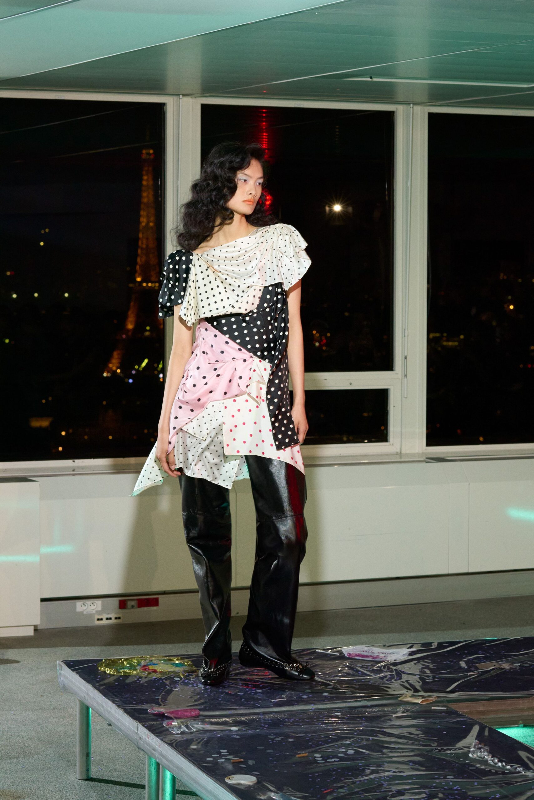 polka-dot top with leather pants