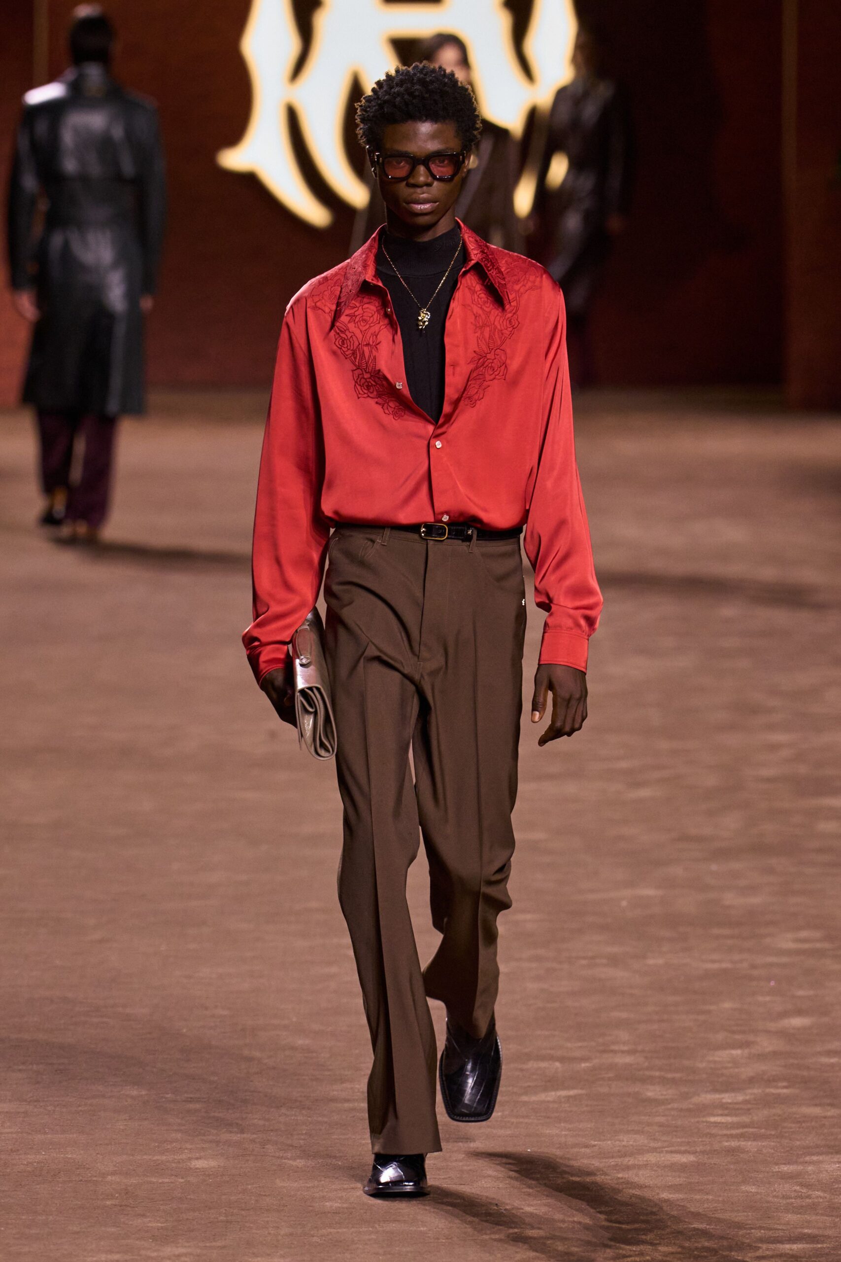 red silk long-sleeve collared fitted embroidered shirt