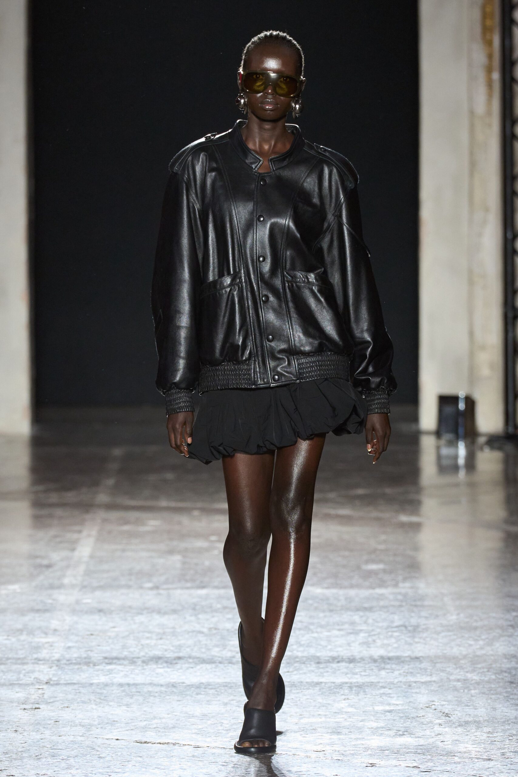 black leather jacket with mini skirt