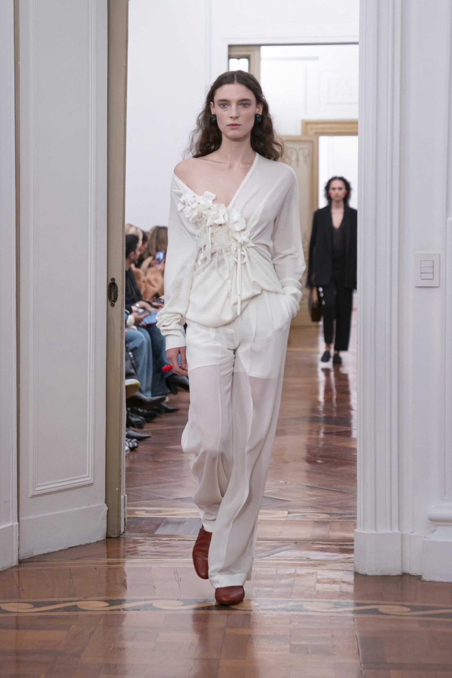 white silk fitted straight-leg sheer pants