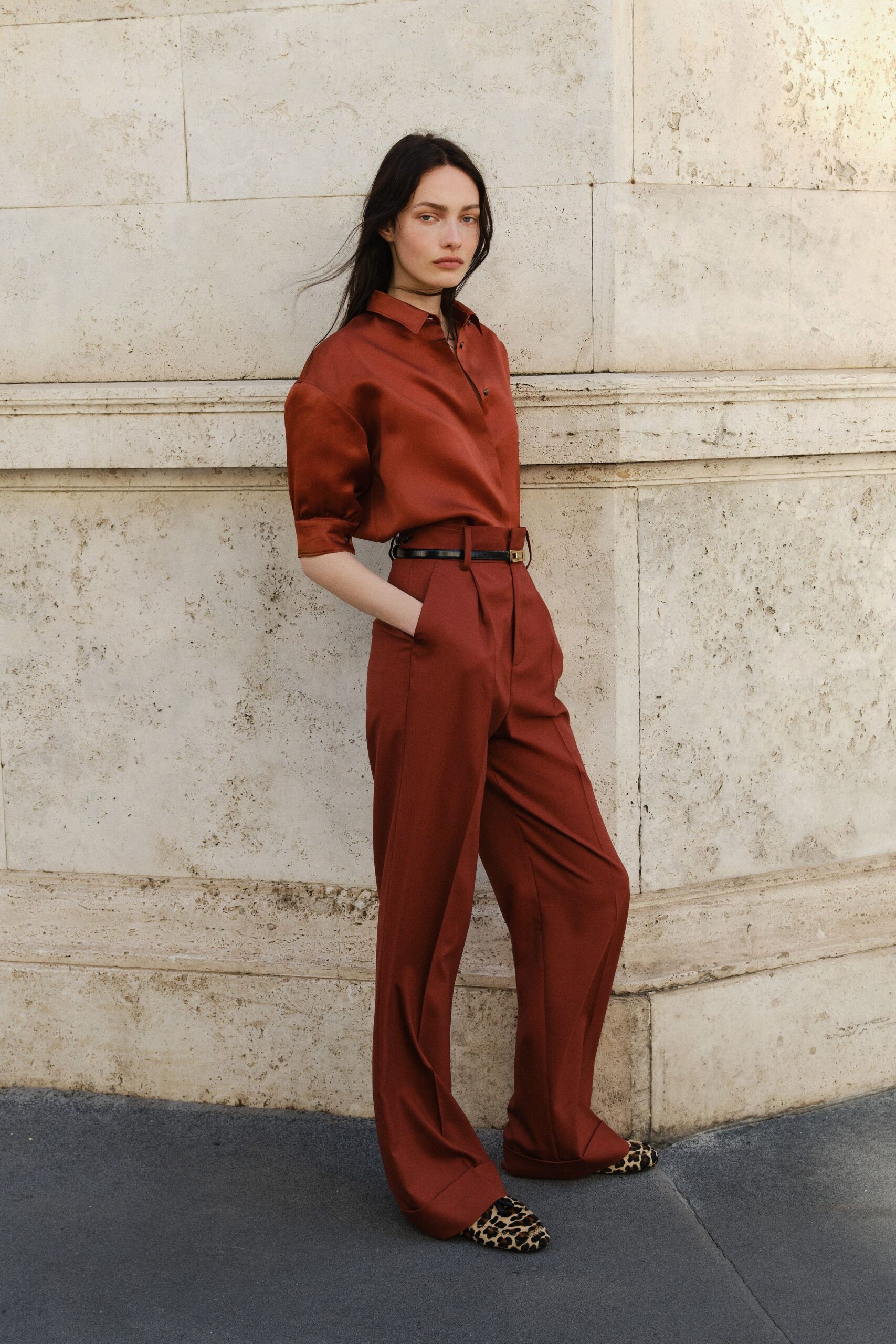 brown silk high-waisted pleated wide-leg shiny pants