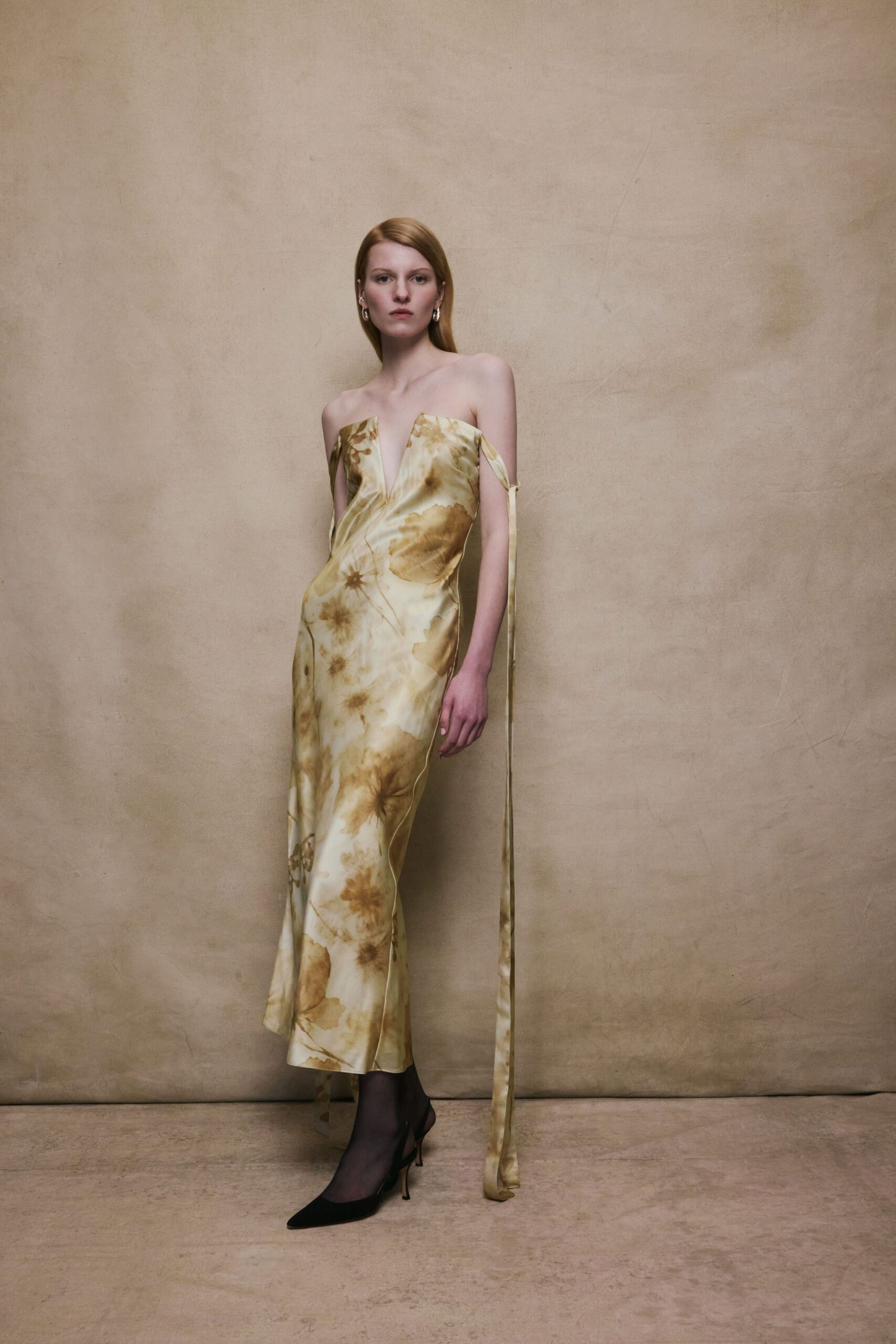 yellow silk strapless gown