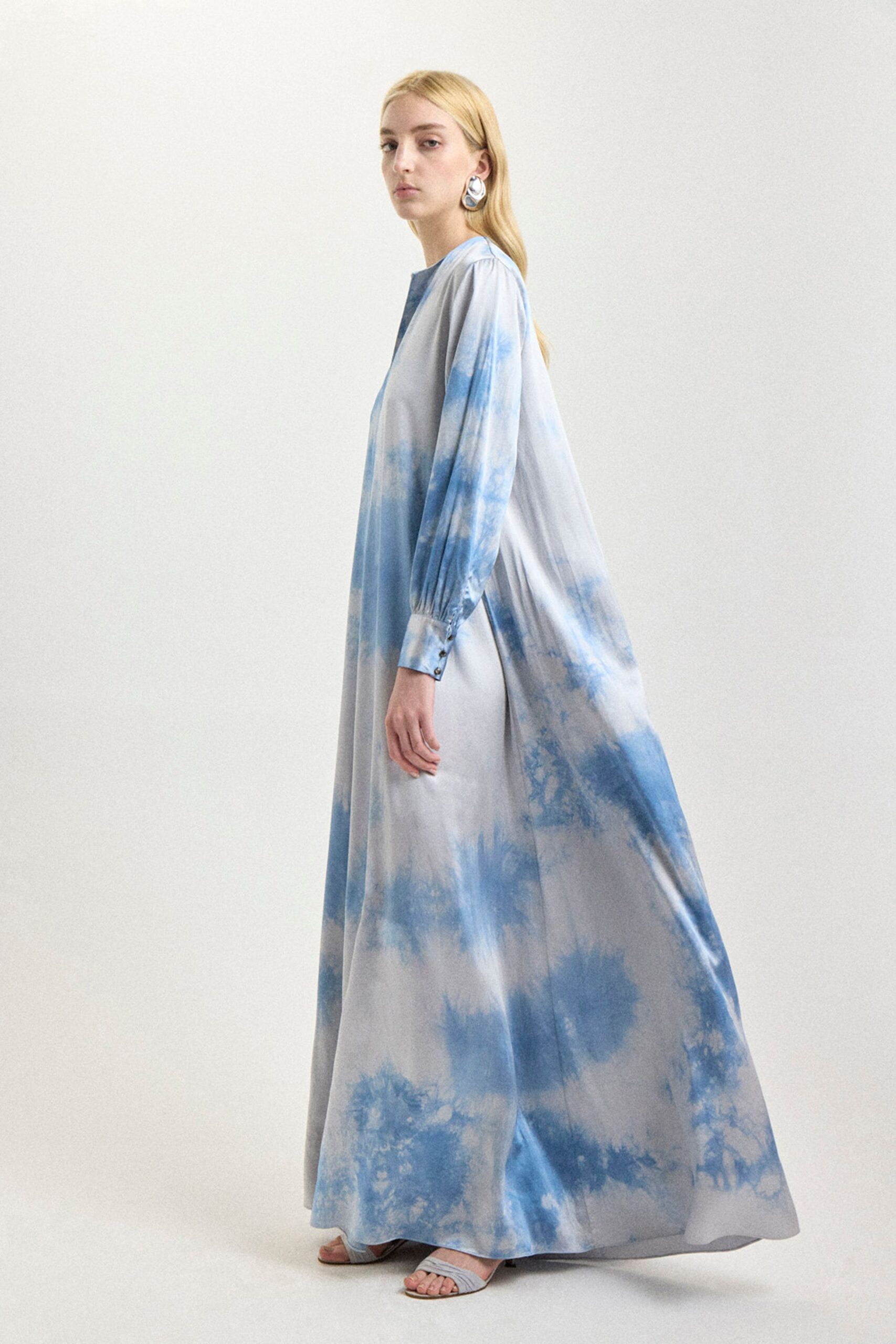blue cotton long-sleeve high-neck relaxed draped maxi gown