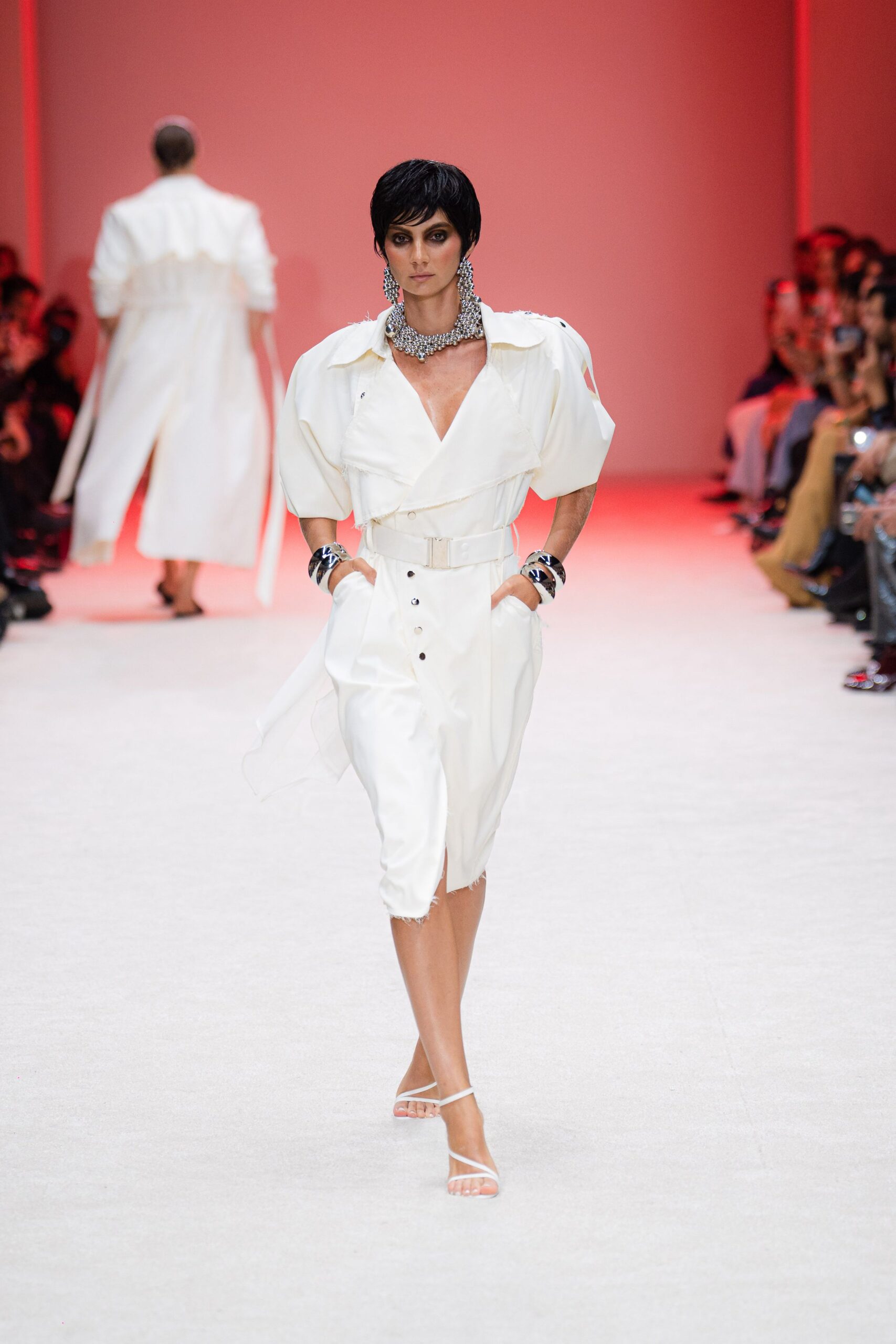 white silk short-sleeve collared fitted belted pleated dress