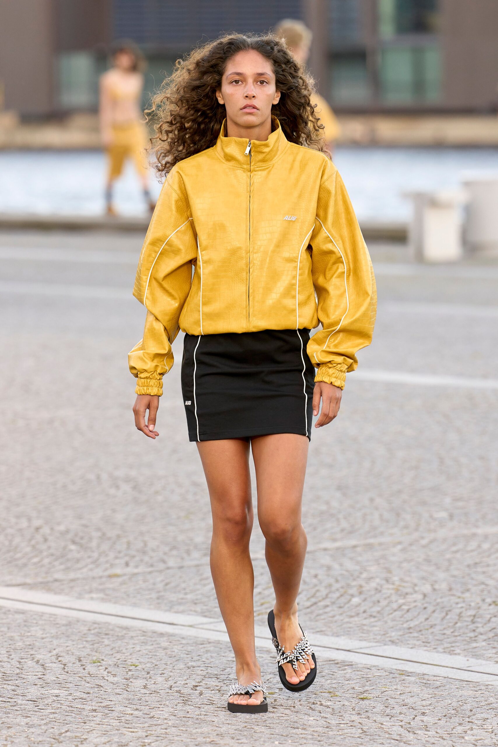 yellow leather long-sleeve high-neck oversized zippered pockets jacket