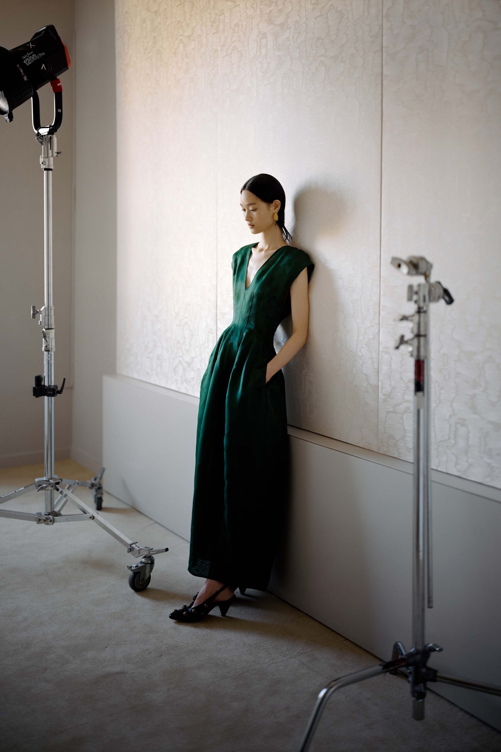 green silk sleeveless dress