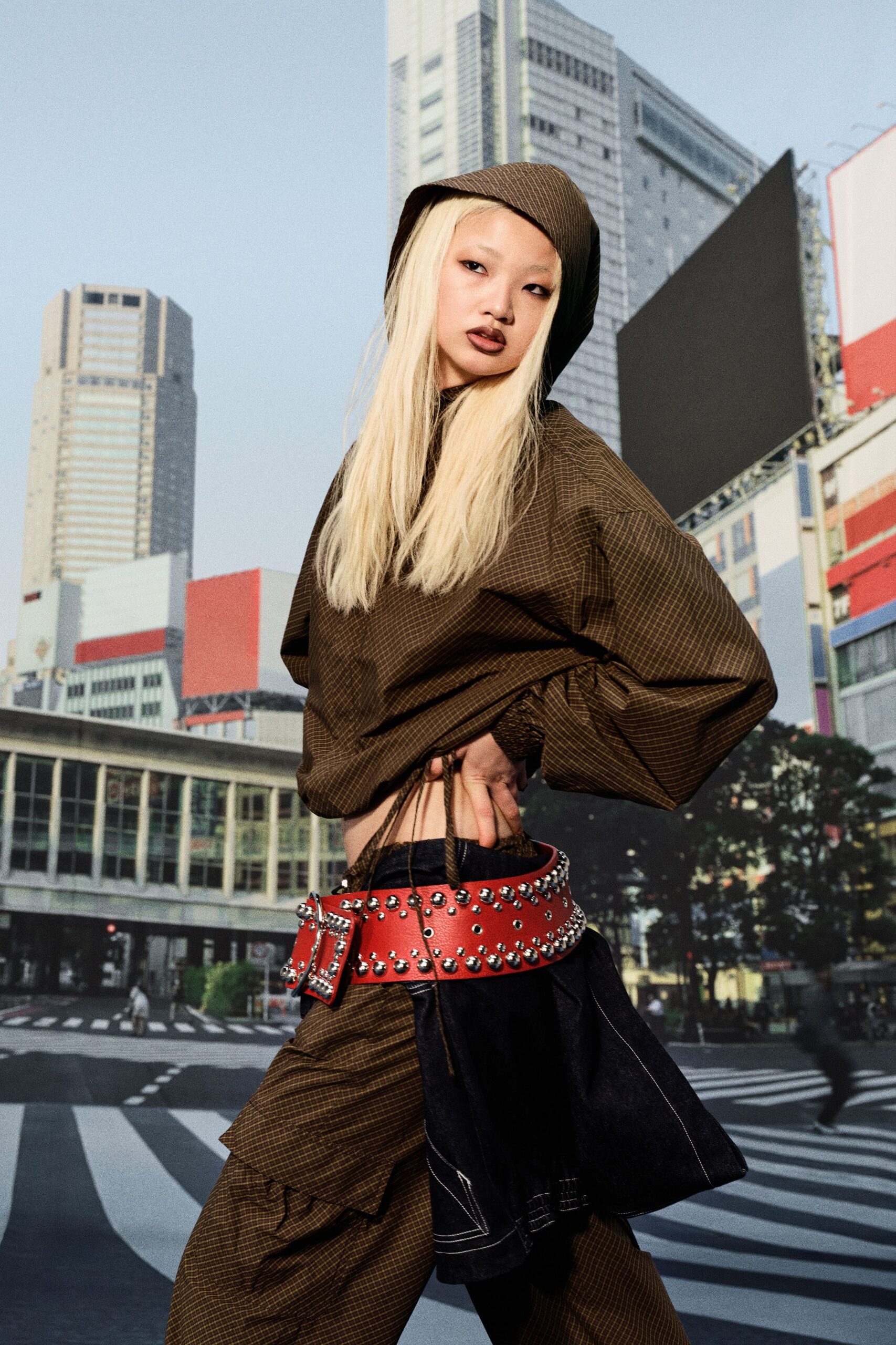 brown cotton long-sleeve hooded oversized pleated top