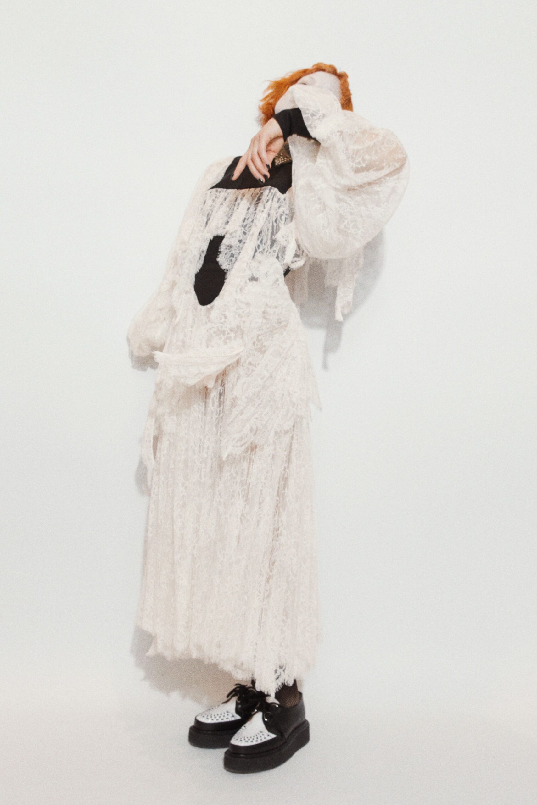 white lace long-sleeve v-neck relaxed layered ruffled dress