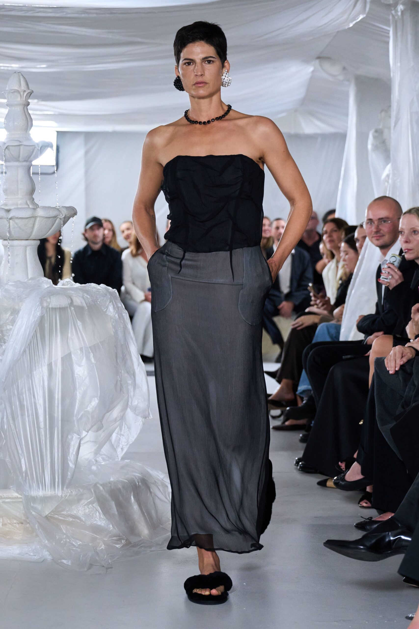 black chiffon strapless fitted draped layered dress
