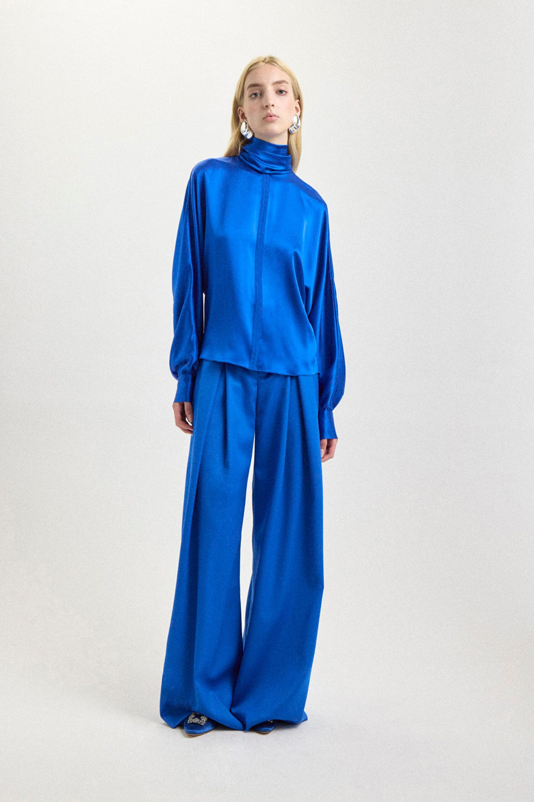 blue silk relaxed wide-leg shiny pants