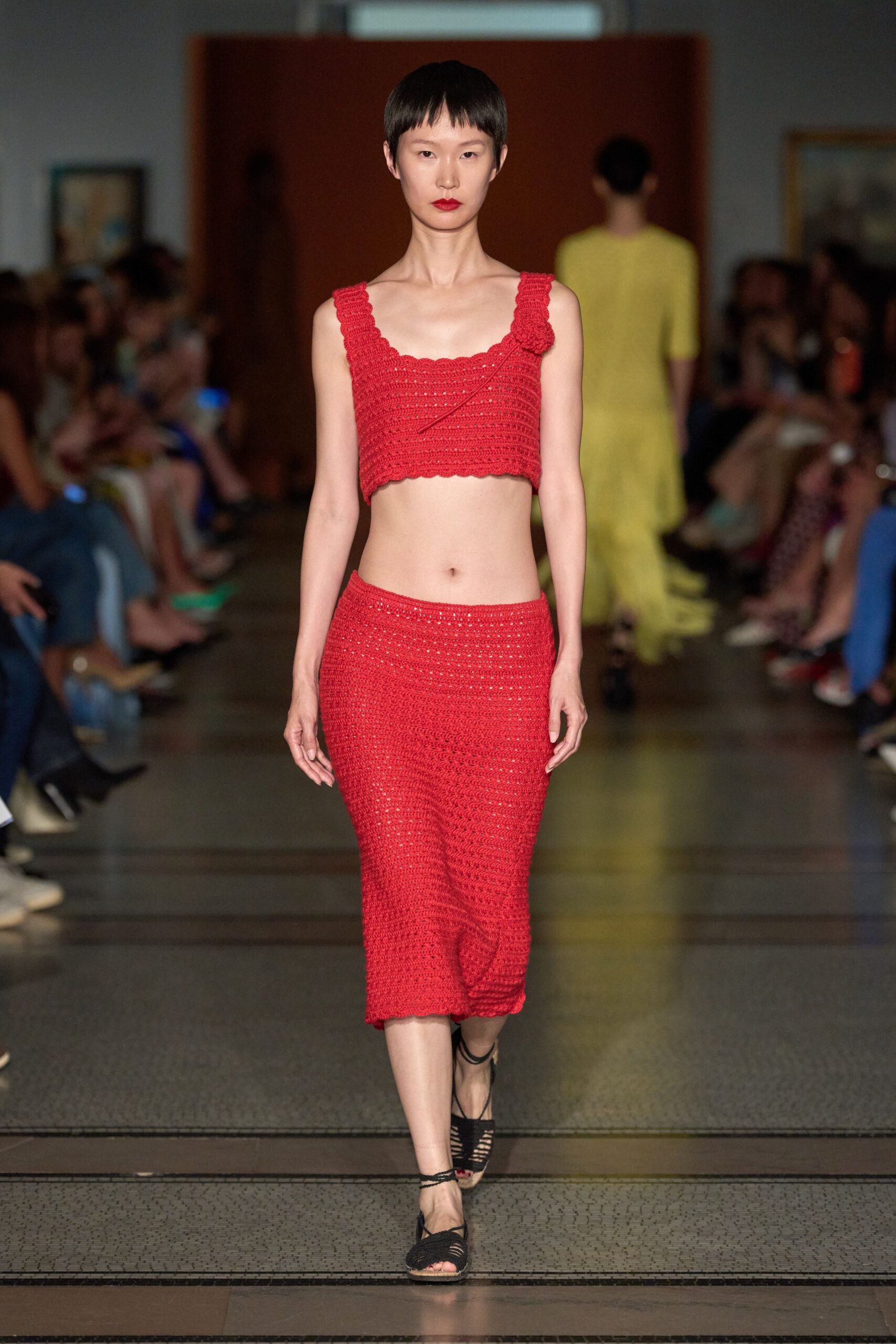 red crochet crop-top and skirt