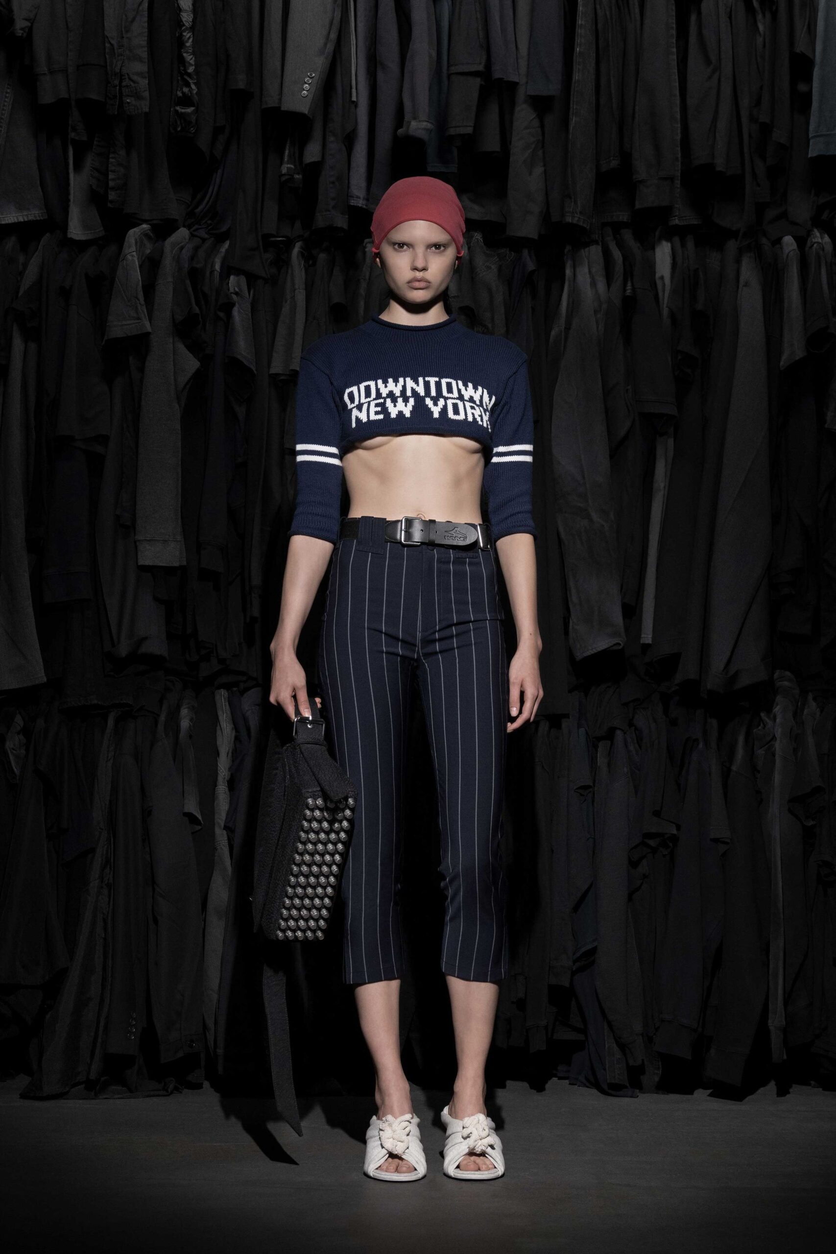 blue cotton long-sleeve collared fitted printed cropped crop-top