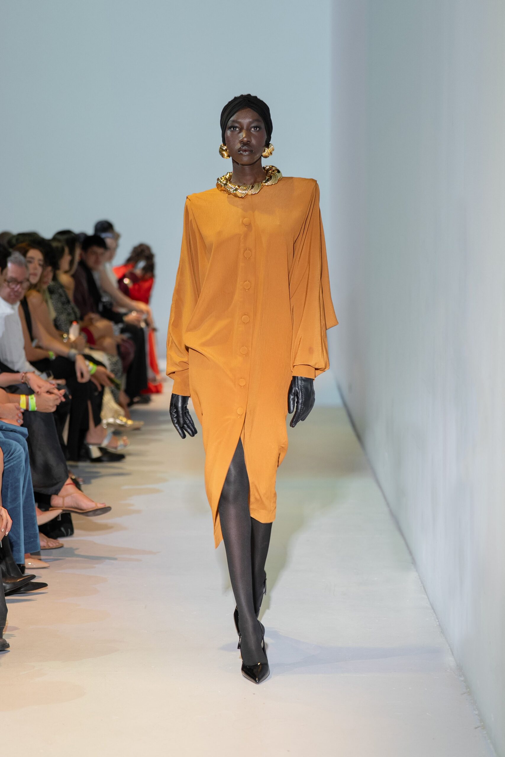 orange silk long-sleeve collared relaxed buttoned draped dress