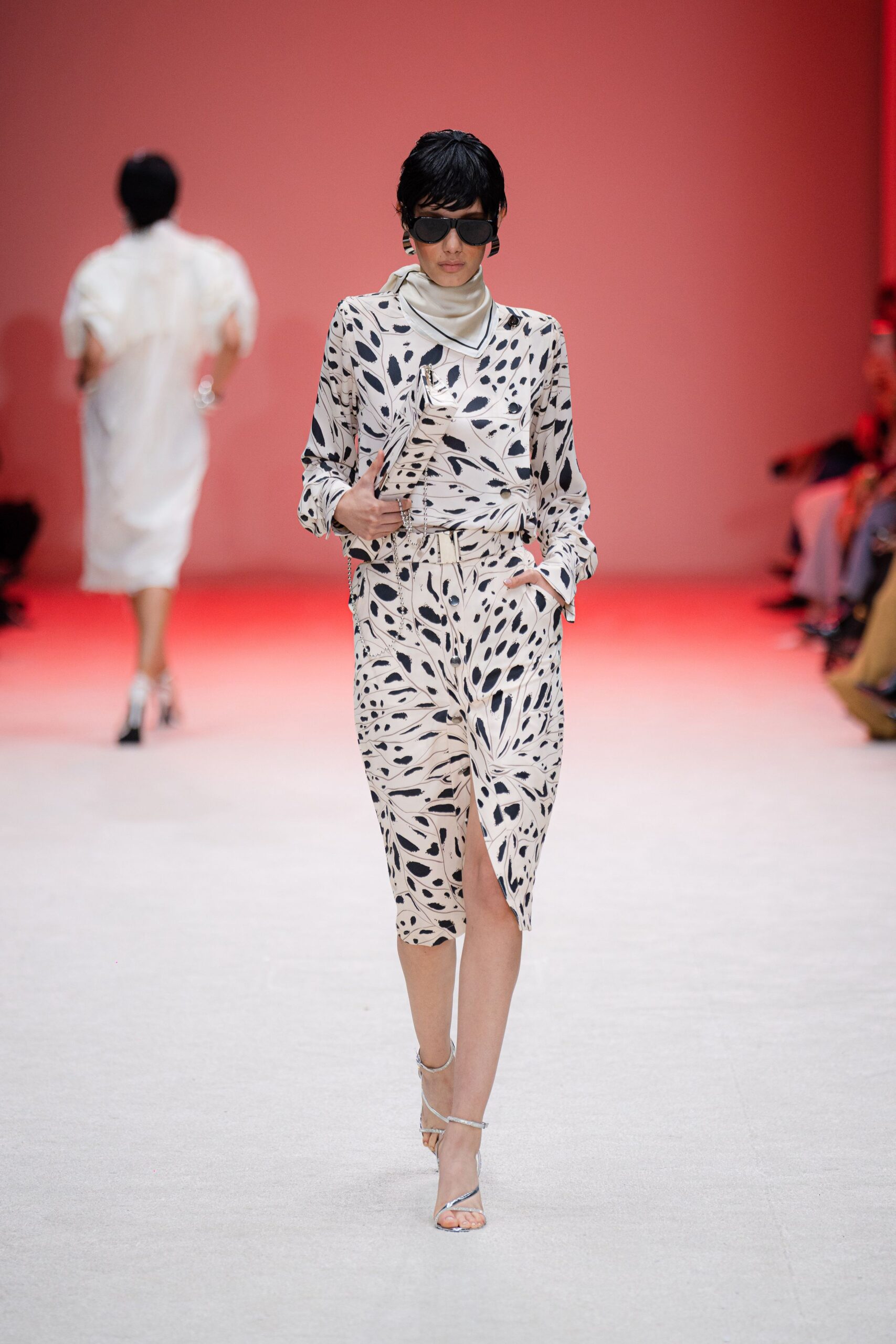 white silk long-sleeve collared fitted printed midi dress