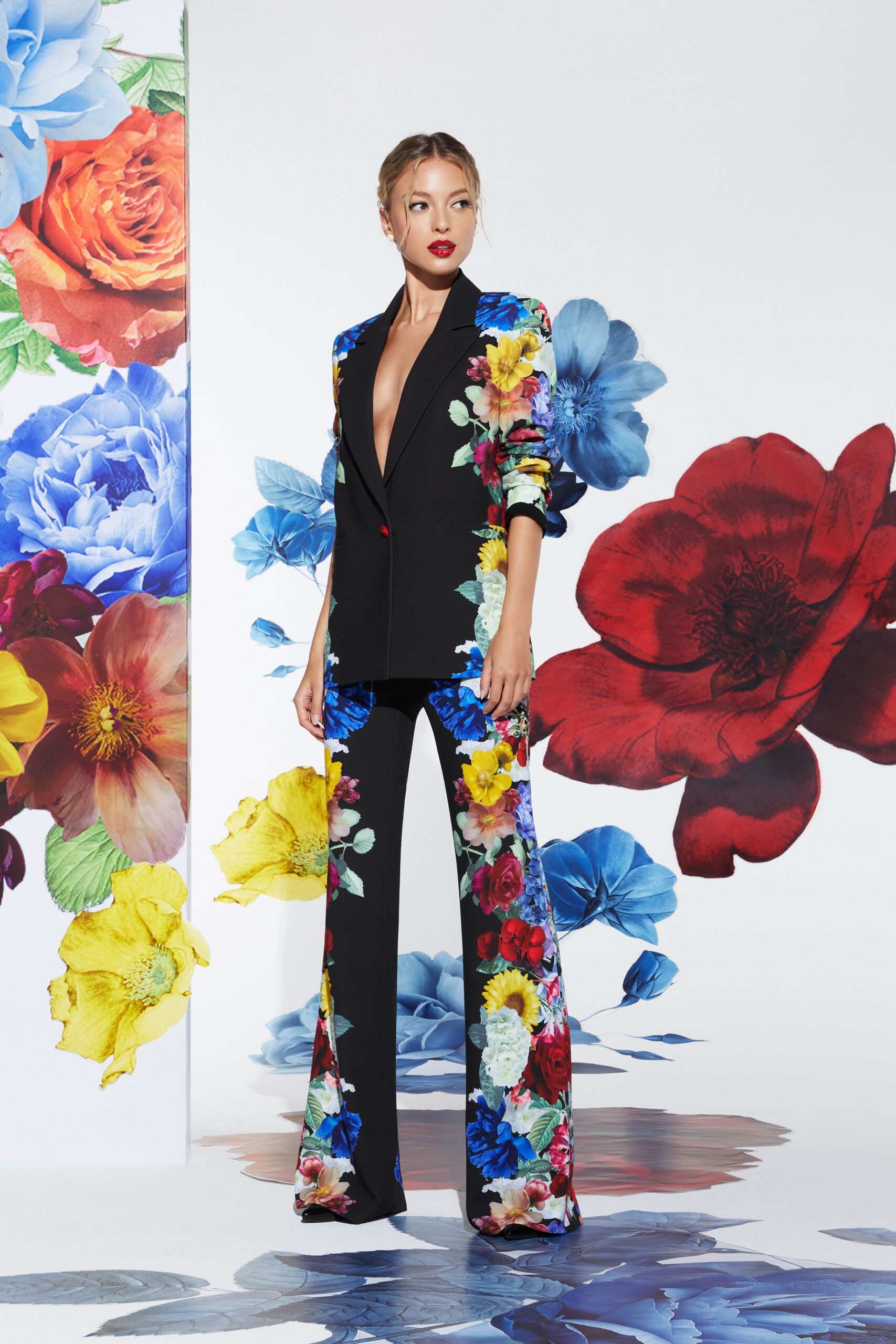 black cotton tailored floral flared pants