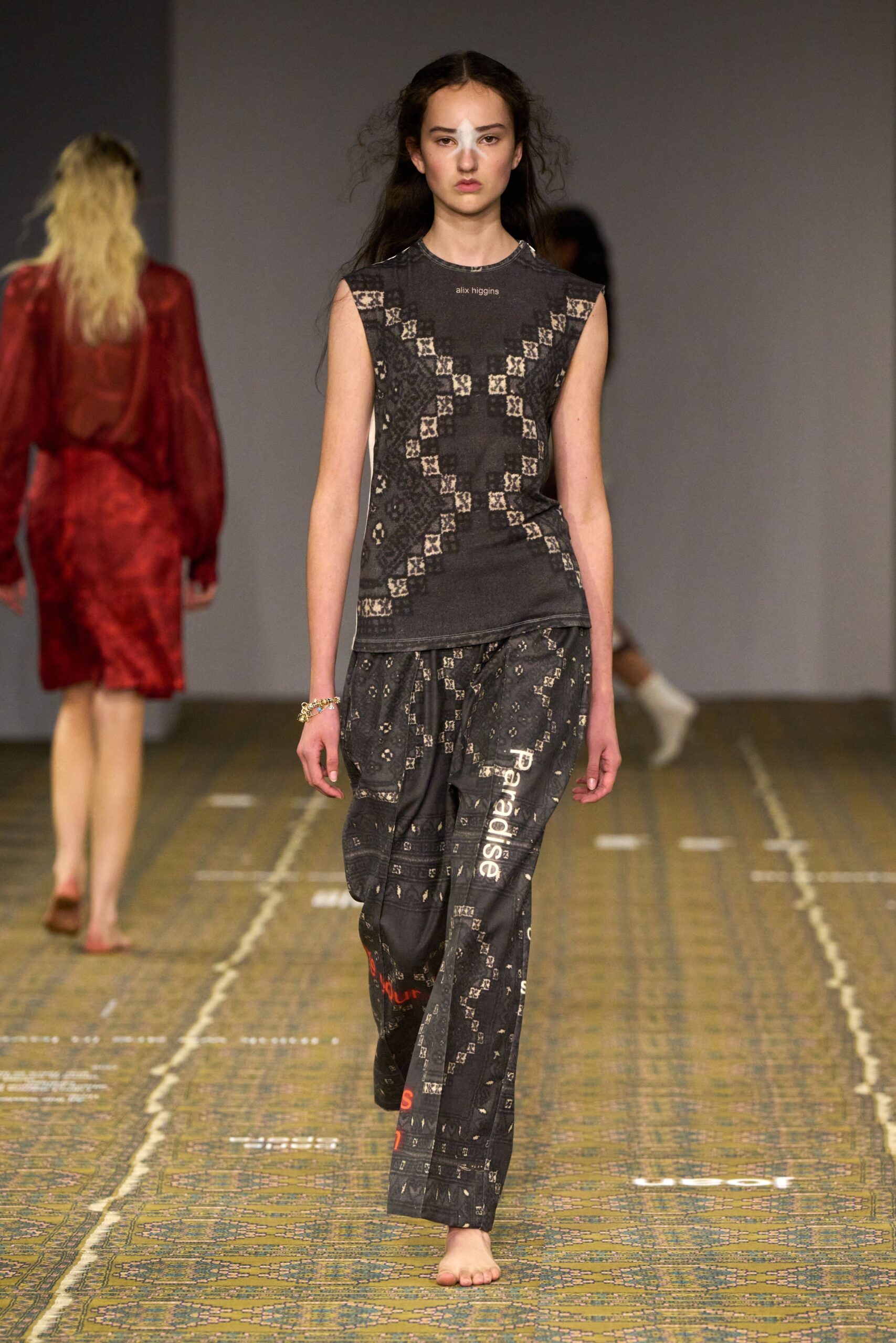 black cotton relaxed printed wide-leg textured pants