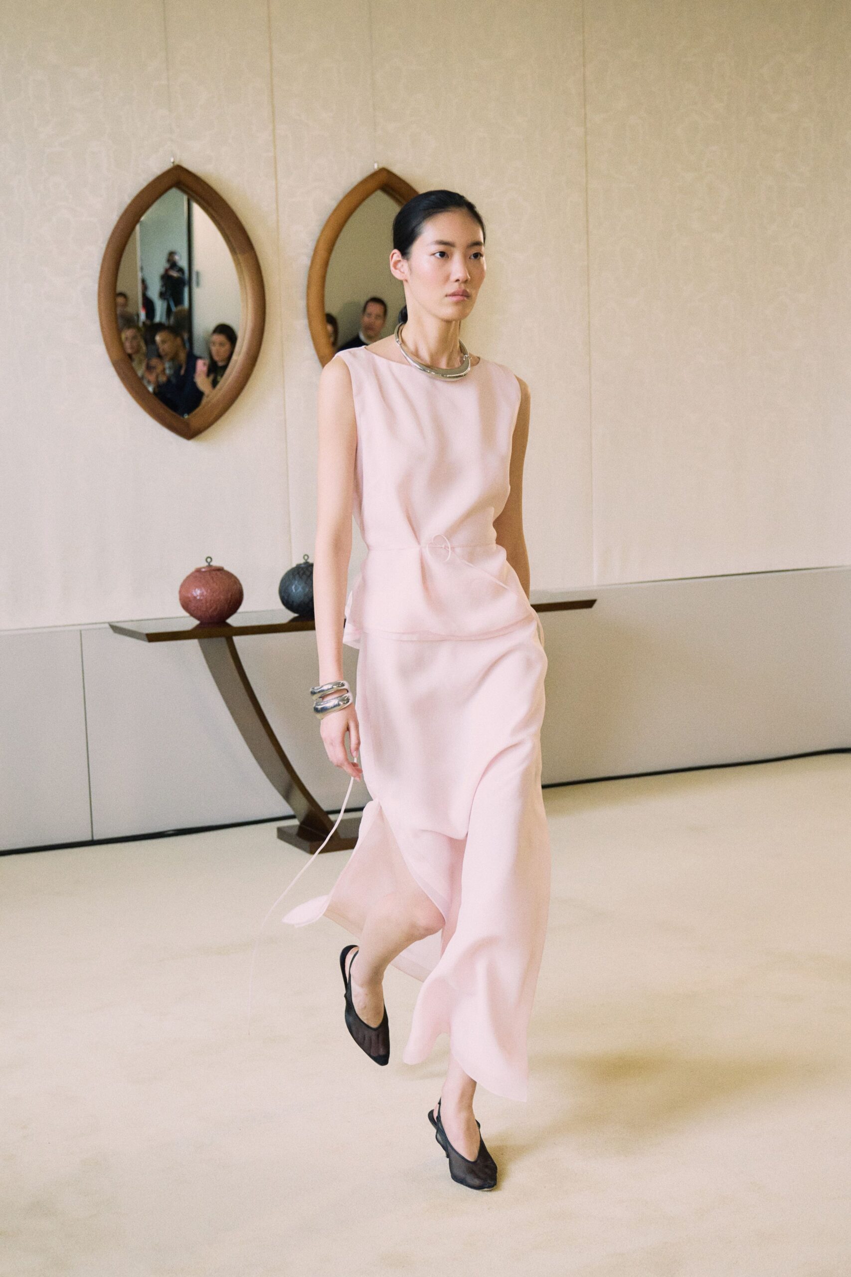 pink silk sleeveless v-neck fitted draped flowing dress