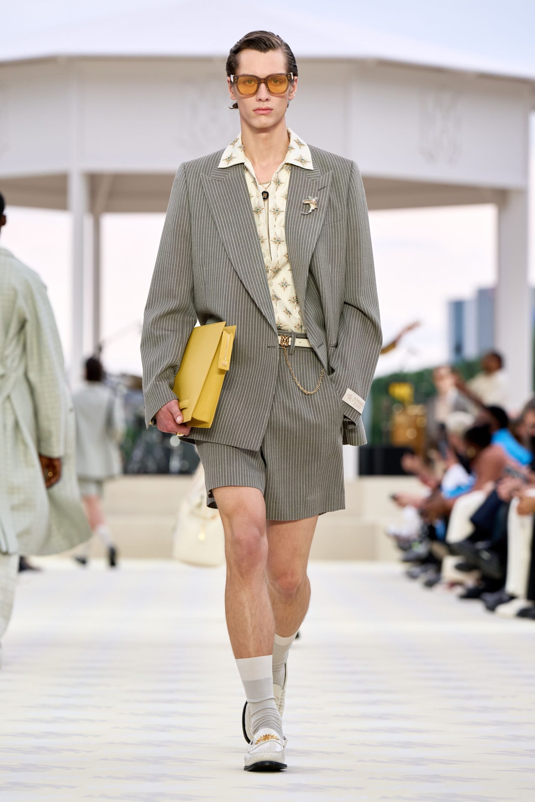 gray striped tailored blazer and shorts