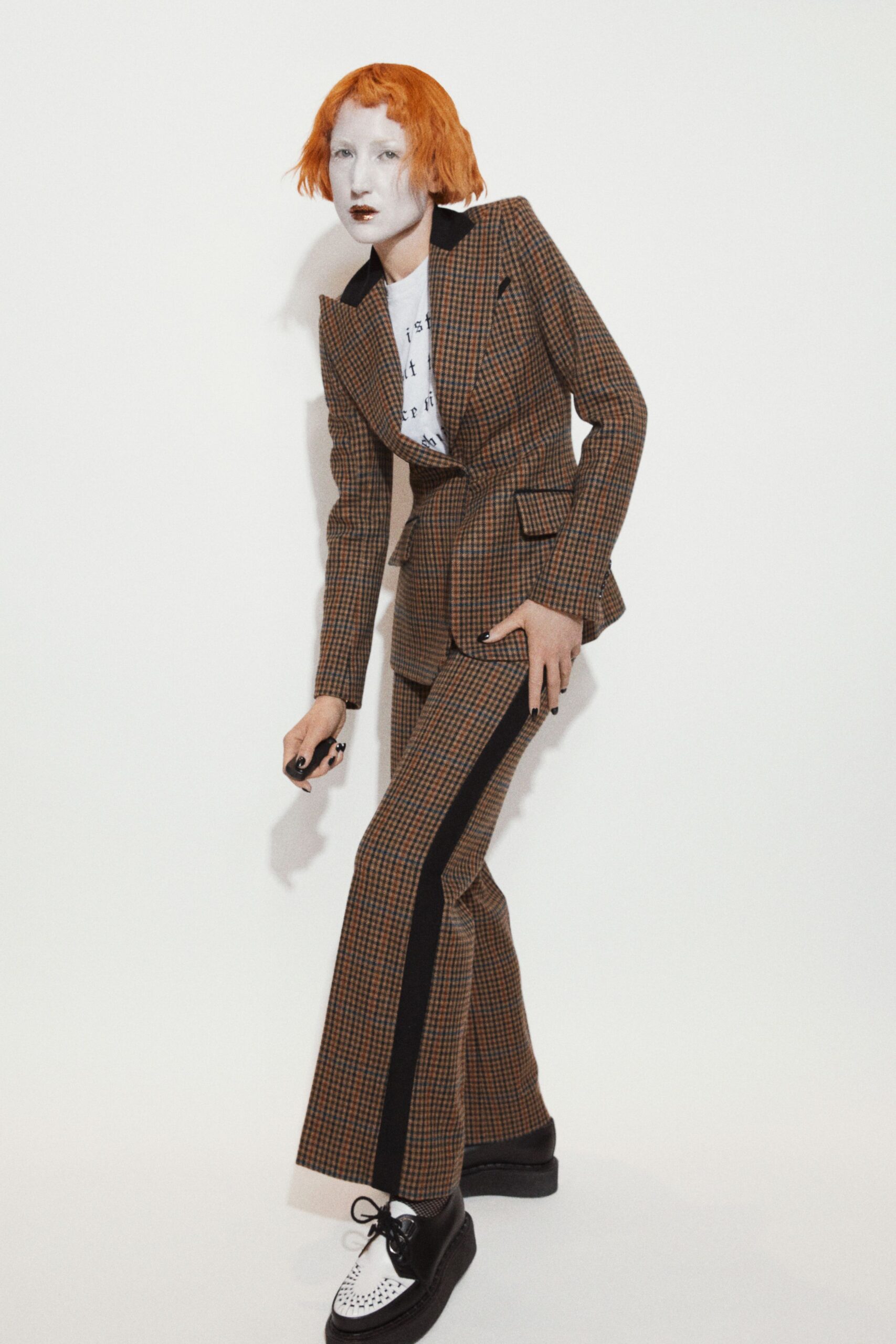 brown checked tailored suit