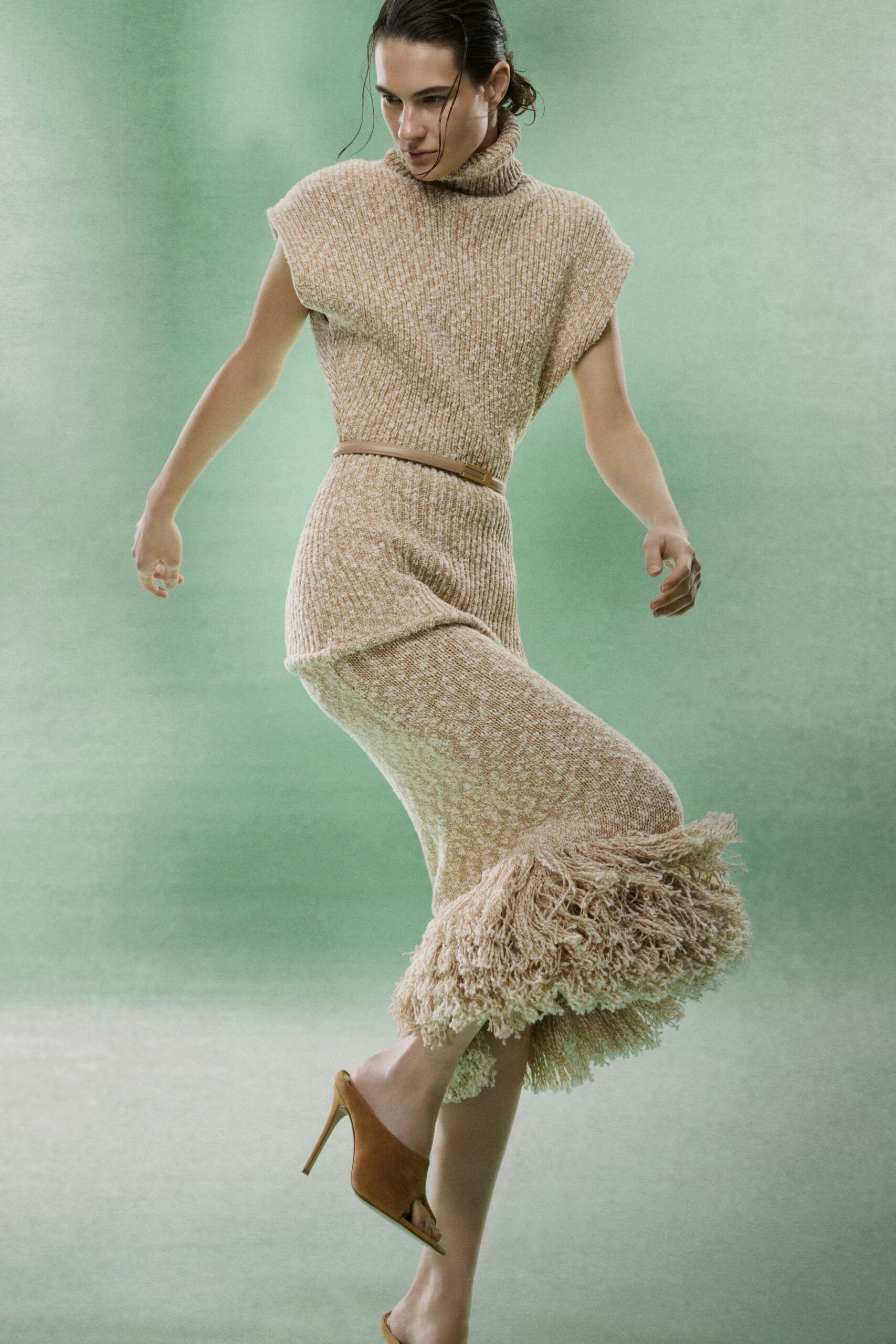 beige knit fitted tiered fringed midi skirt