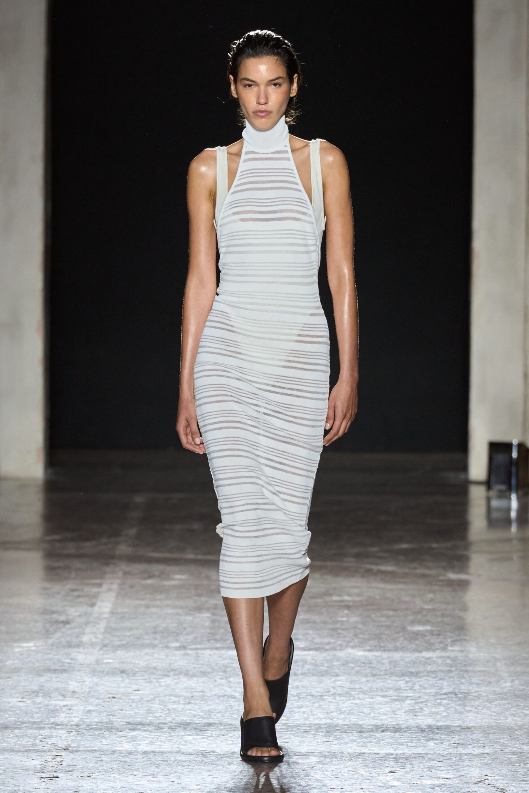 white cotton sleeveless high-neck fitted ribbed sheer dress