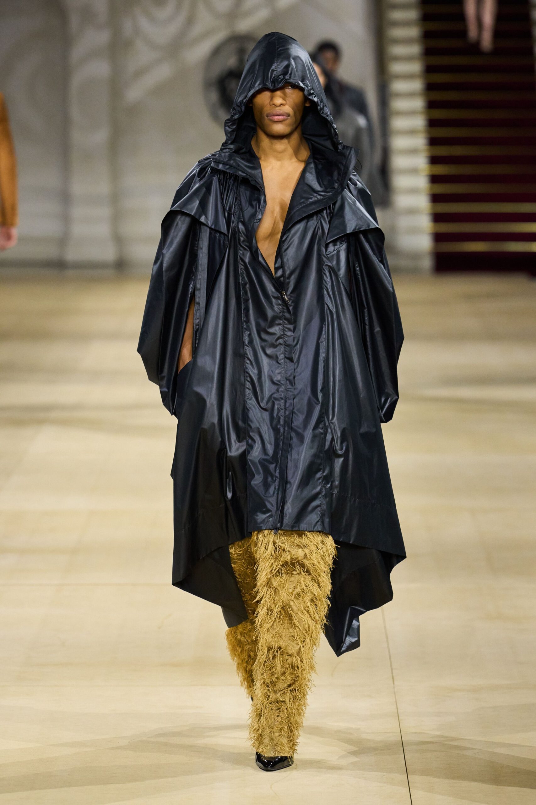 black vinyl hooded long-sleeve relaxed zippered shiny coat