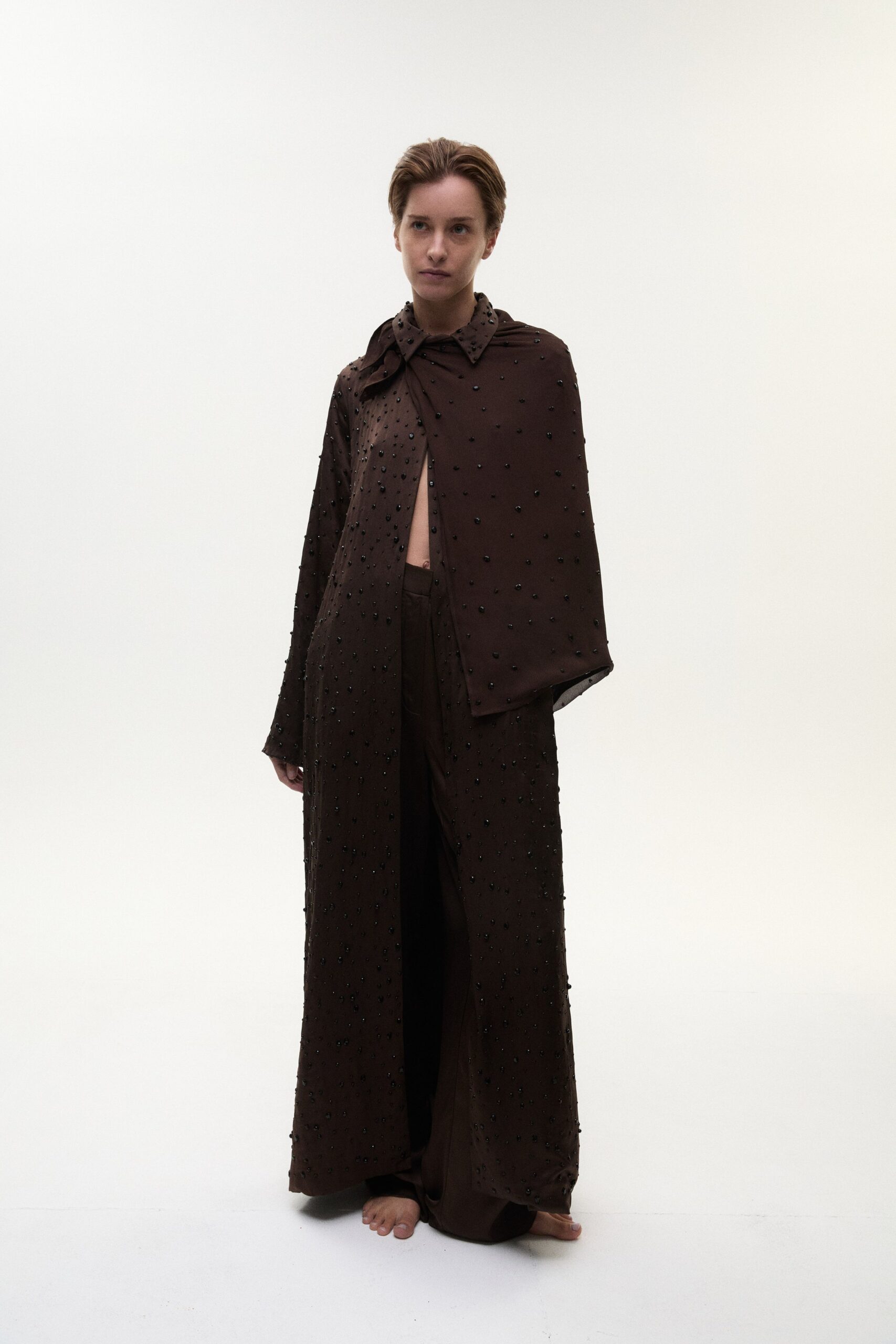 brown embroidered silk cape and pants