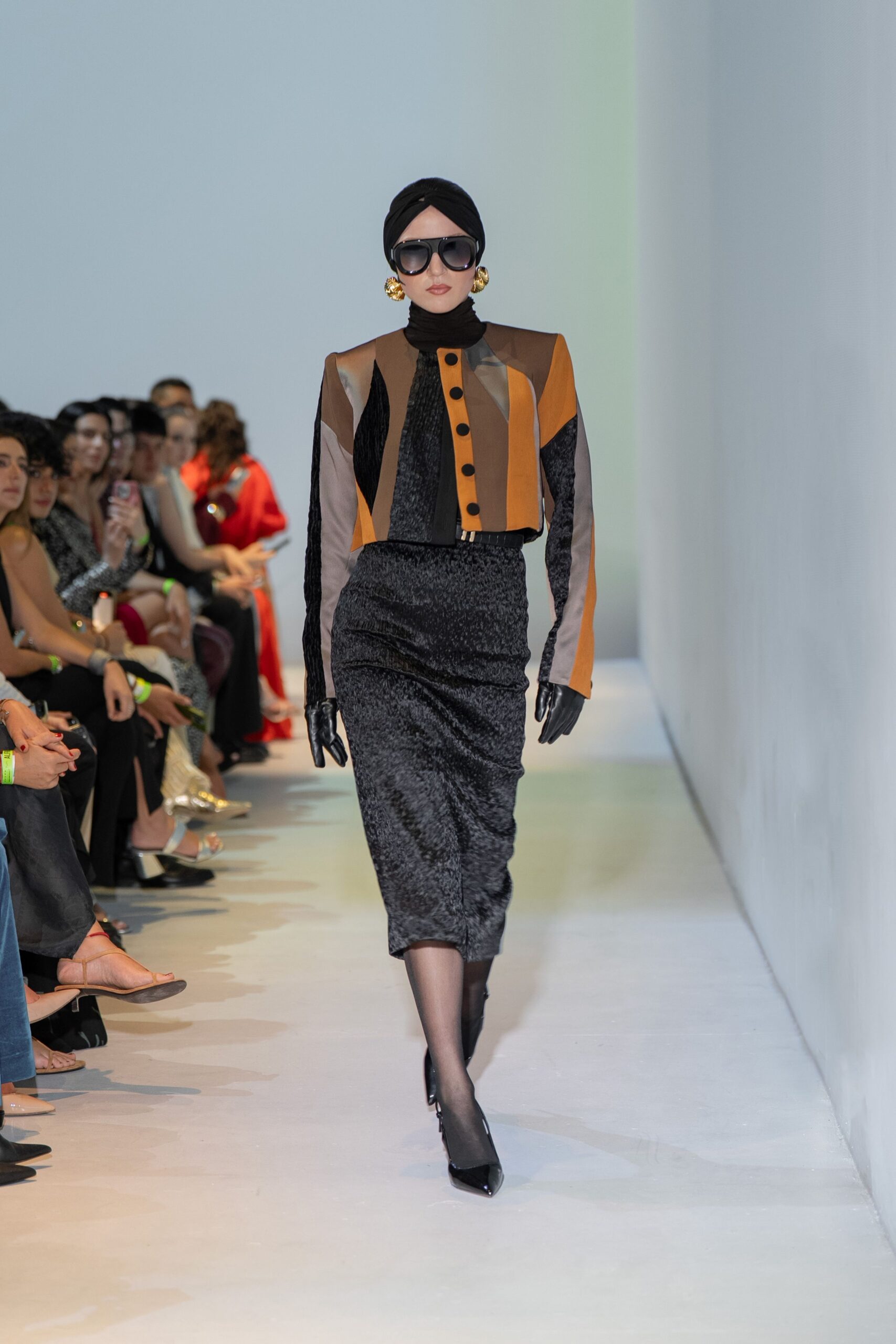 black silk long-sleeve collared fitted buttoned top