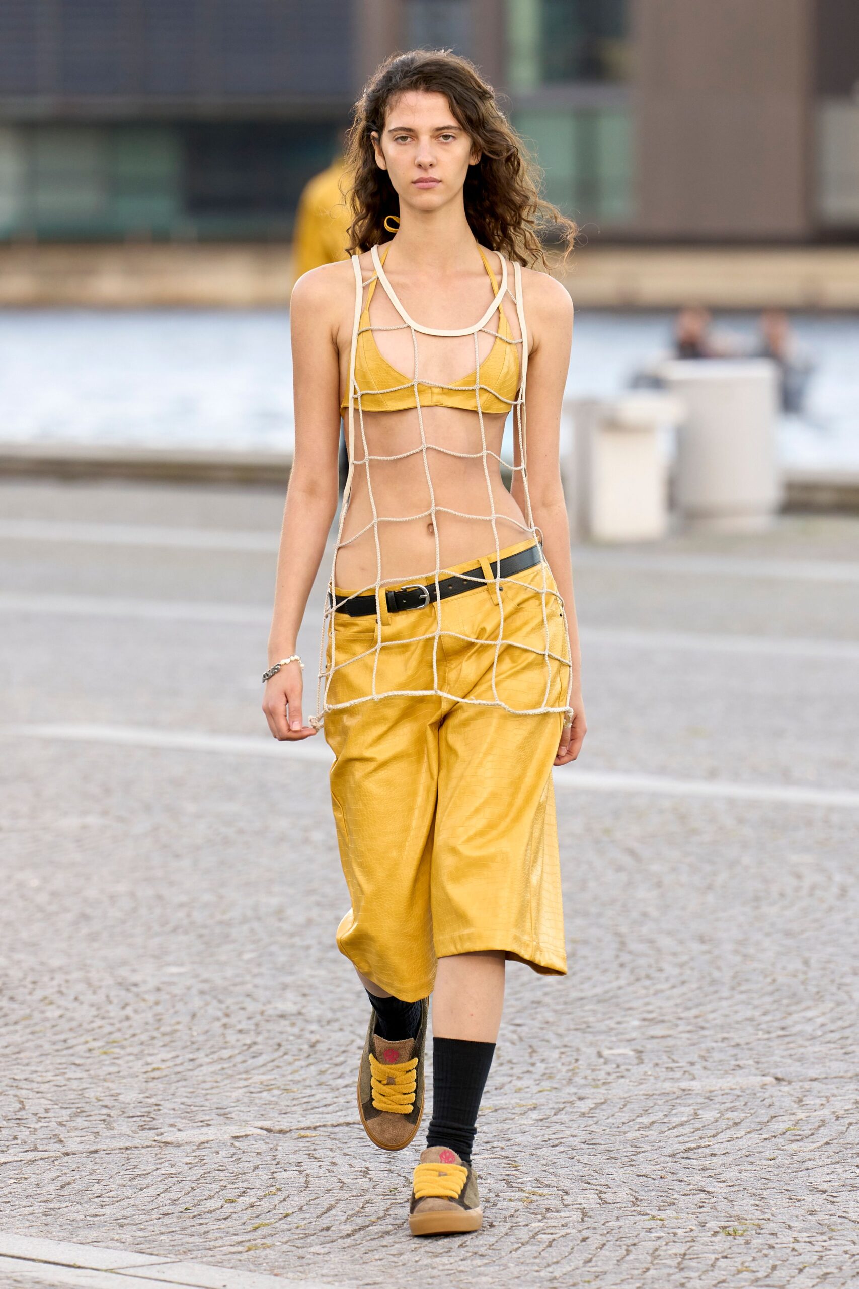 yellow cotton relaxed wide-leg textured midi pants