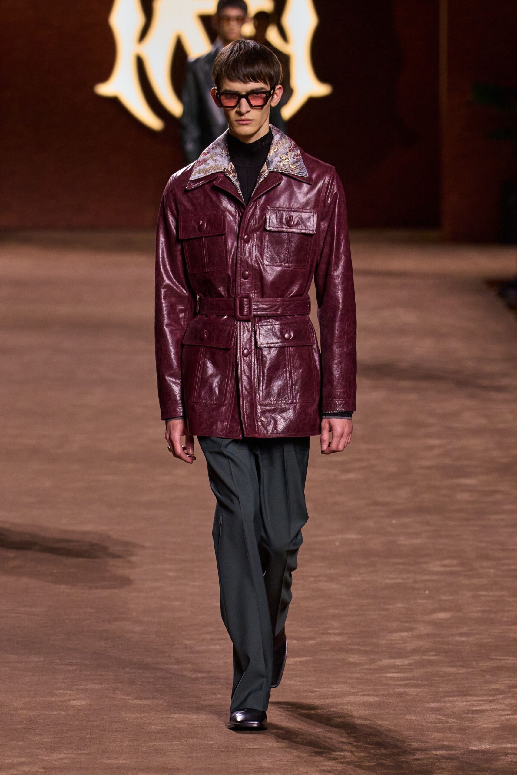 maroon leather long-sleeve collared fitted buttoned pockets jacket