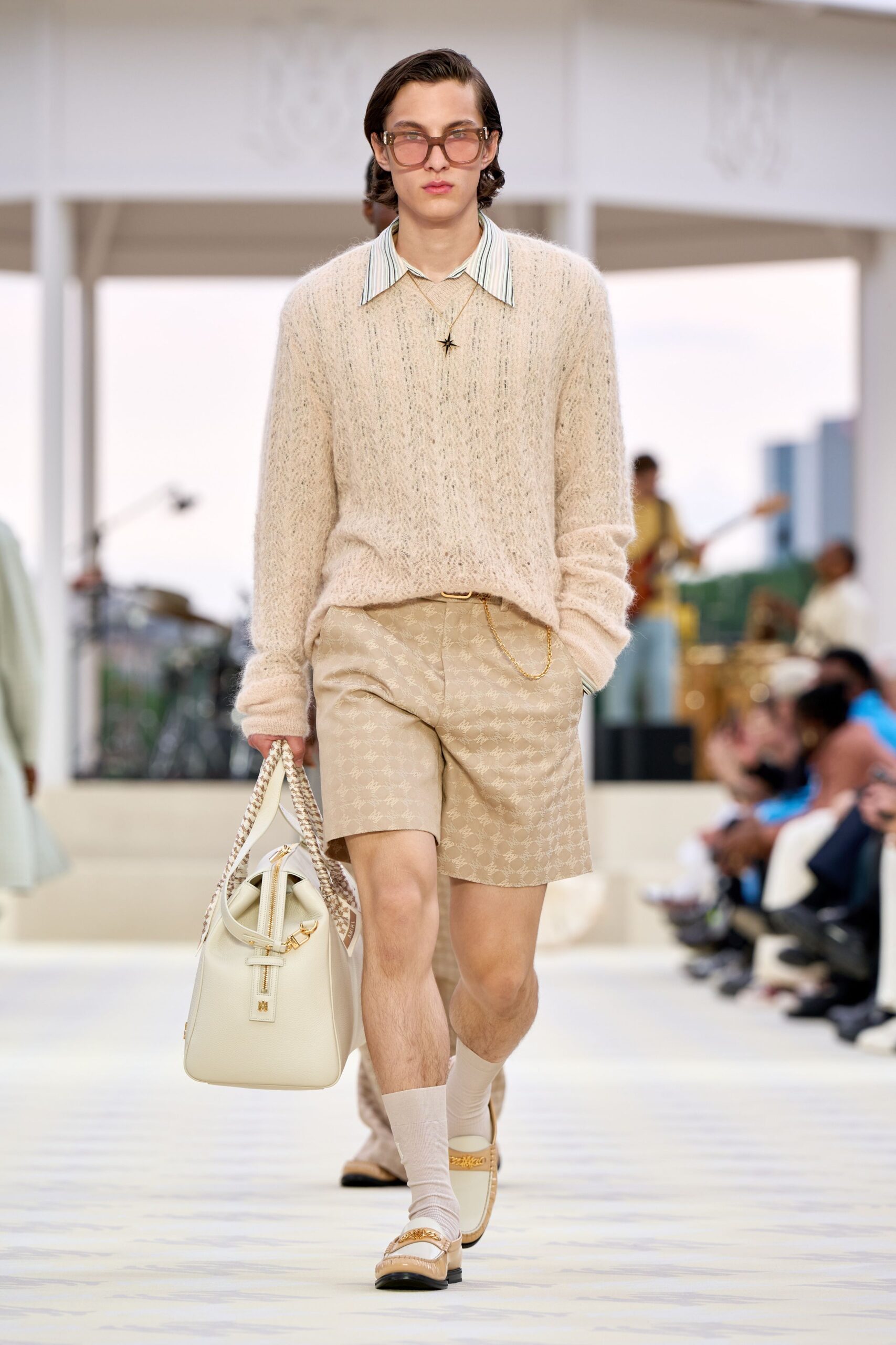 beige wool relaxed sweater with shorts