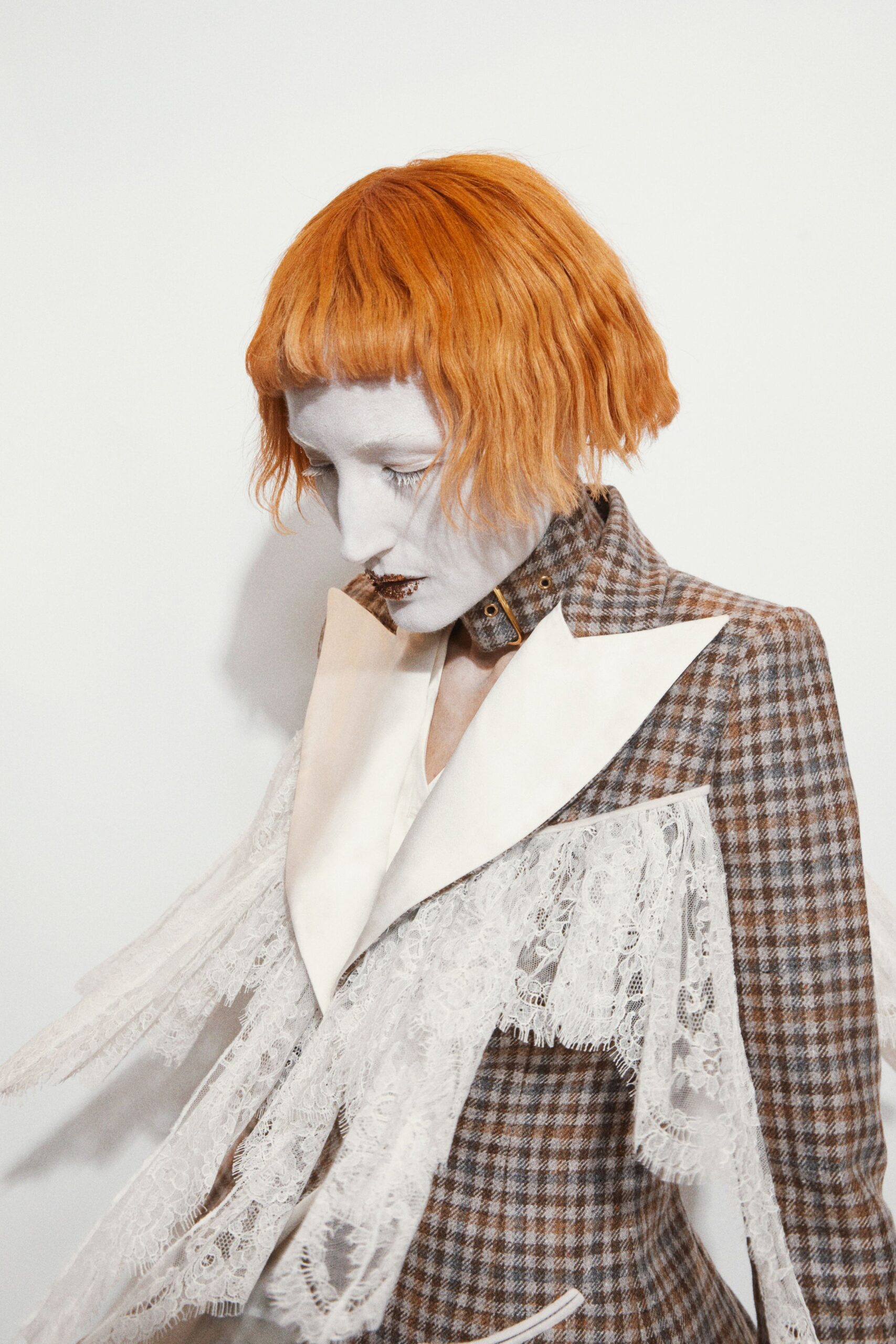 brown cotton long-sleeve collared tailored checked layered blazer