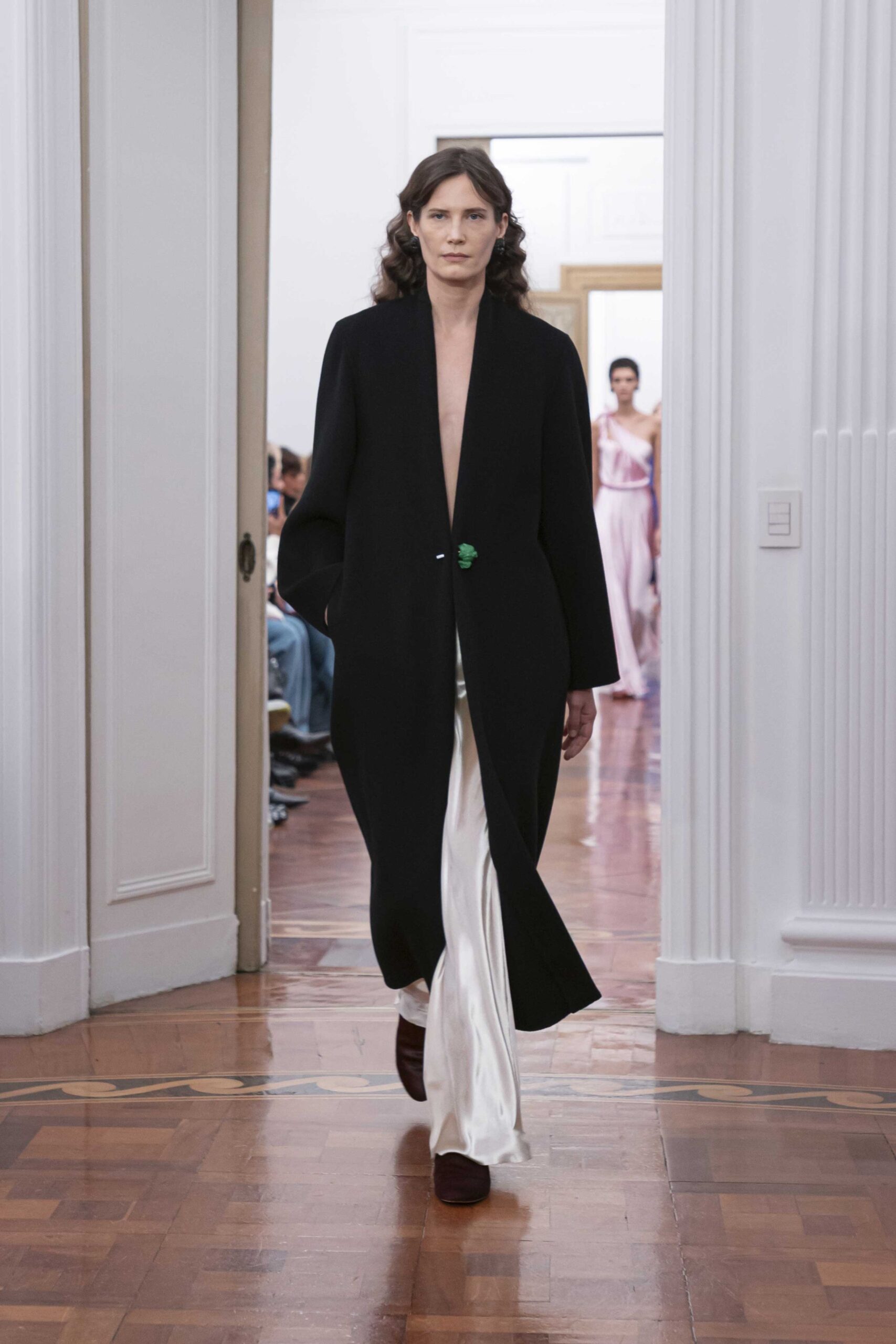 black coat white silk dress