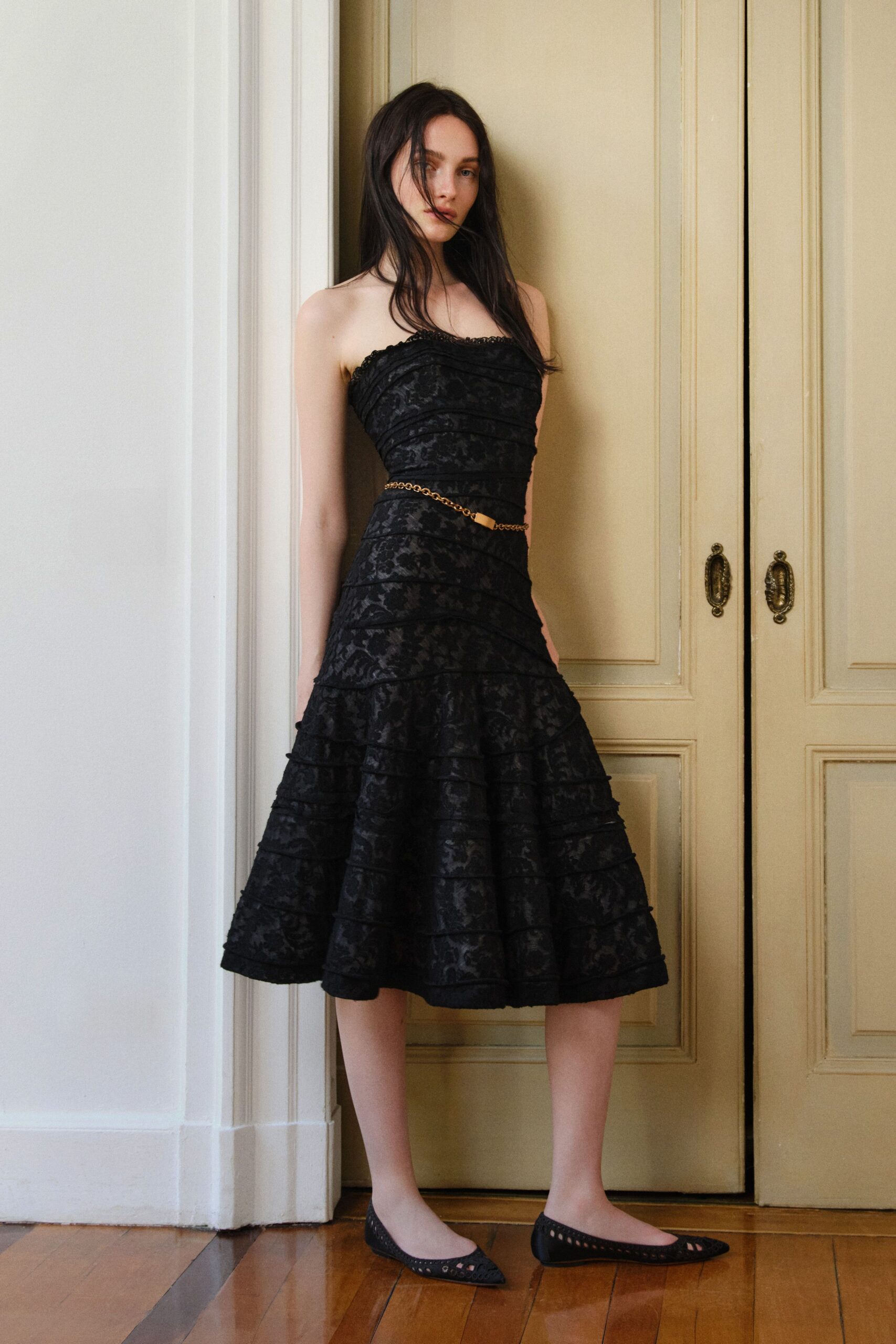 black lace strapless fitted ruched layered textured dress