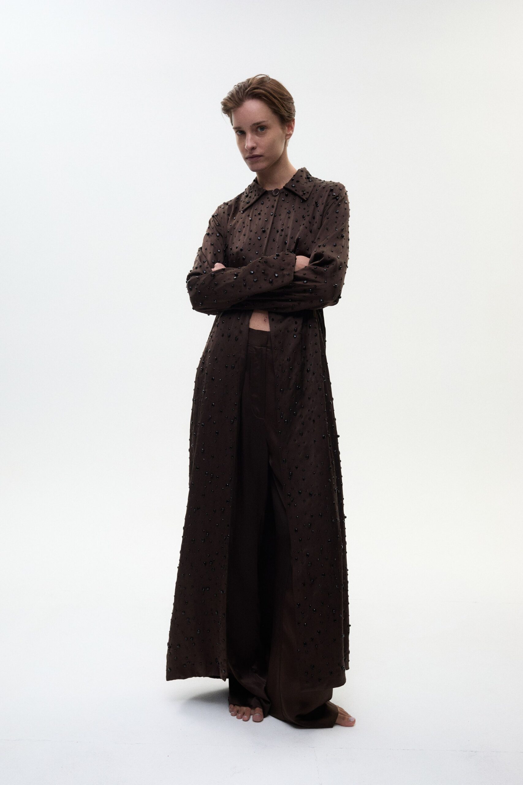 brown silk embroidered coat and pants