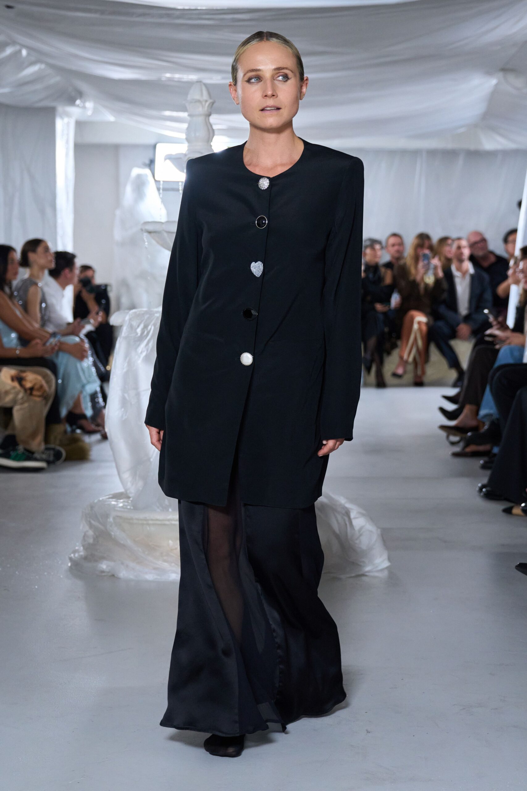 black wool long-sleeve high-neck structured buttoned midi coat