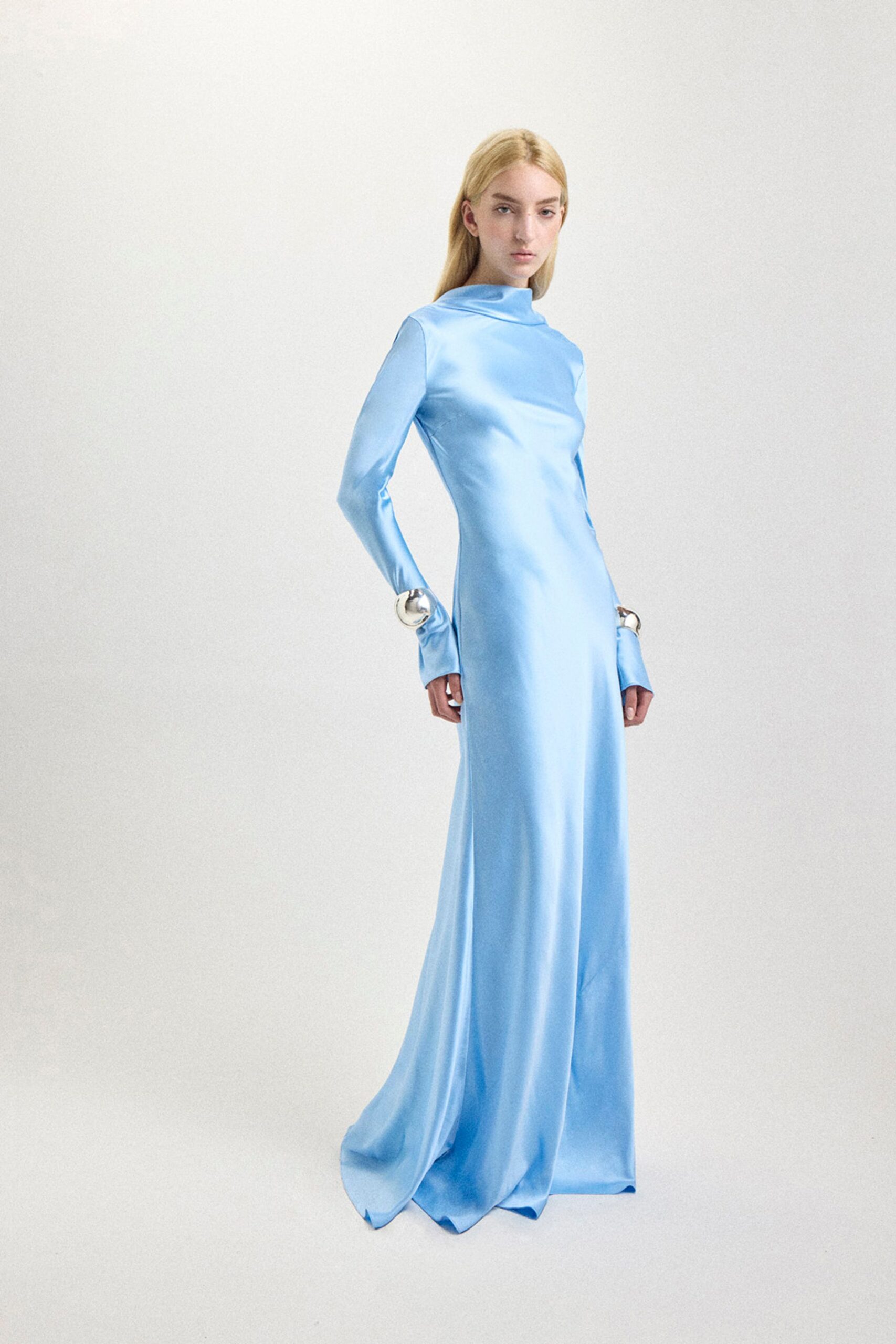 fitted blue silk gown